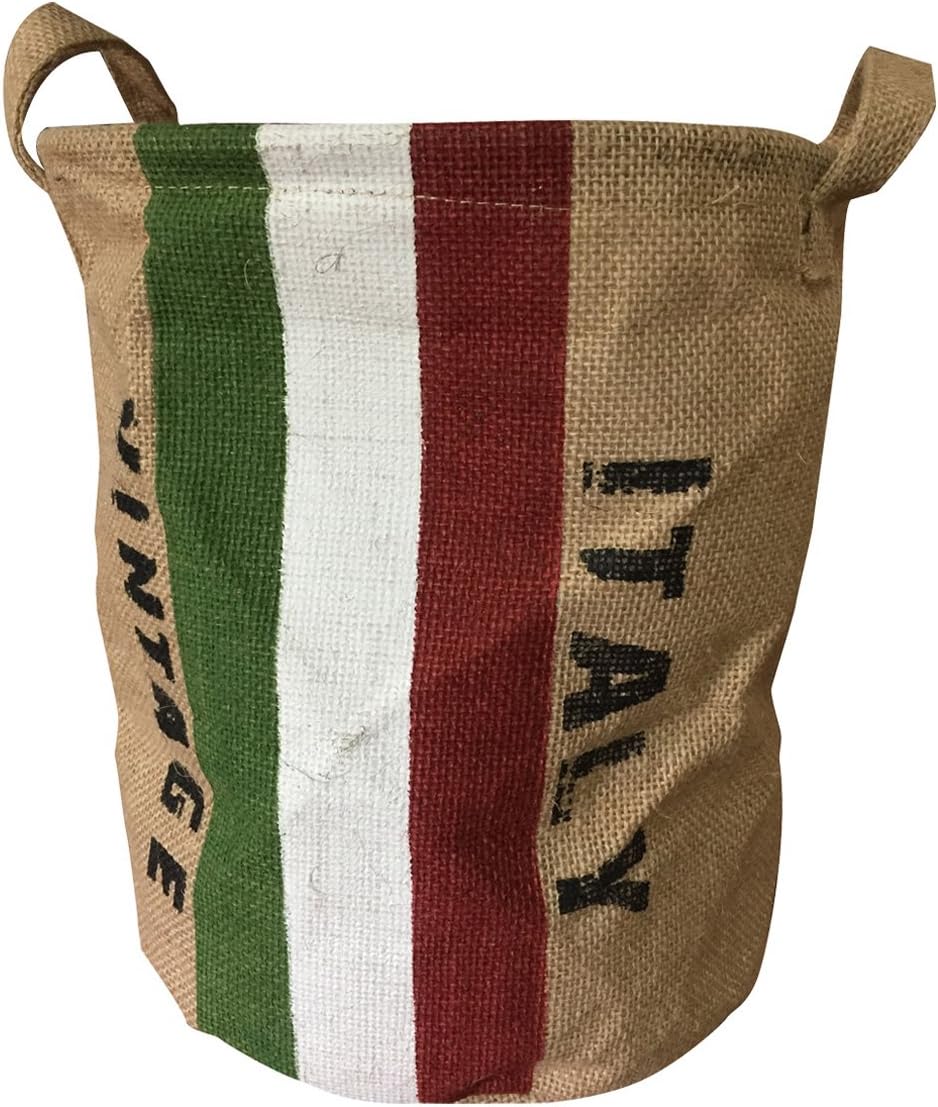 Coralpearl Burlap Woven Storage Basket Collapsible Vintage, Round Jute Toy Bucket Organizer with Handles, Small Linen Patriotic Decor Bin for Shelf Table Desk Top, 9.5" D. X 12" H (Italy Flag)
