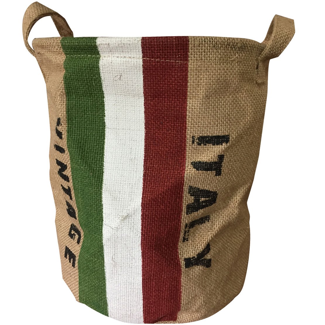 Condello Casa Burlap Woven Storage Basket Collapsible Vintage, Round Jute Food Toy Bucket Organizer w Handles, Small Linen Patriotic Decor Bin for Shelf Table Desk Top, 24cm D.X 30cm H (Italy Flag)