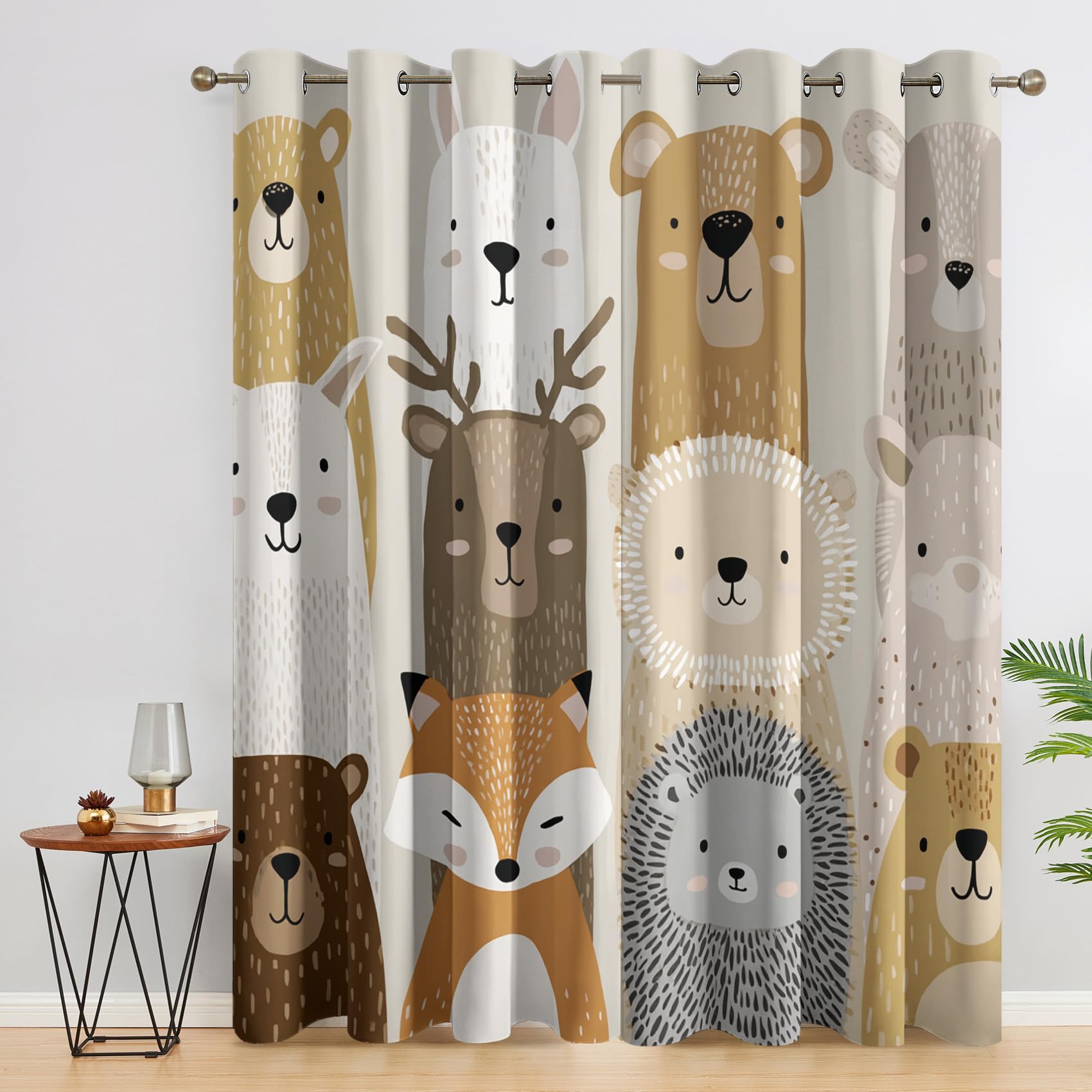 Generisch Cartoon Süße Tiere Vorhänge Blickdicht Gardinen mit Ösen, Kinder Waldtier Deko Muster Wohnzimmer Schlafzimmer Fenster Verdunklungsvorhänge, H 160 x B 140 cm 2er Set (1a5-111)