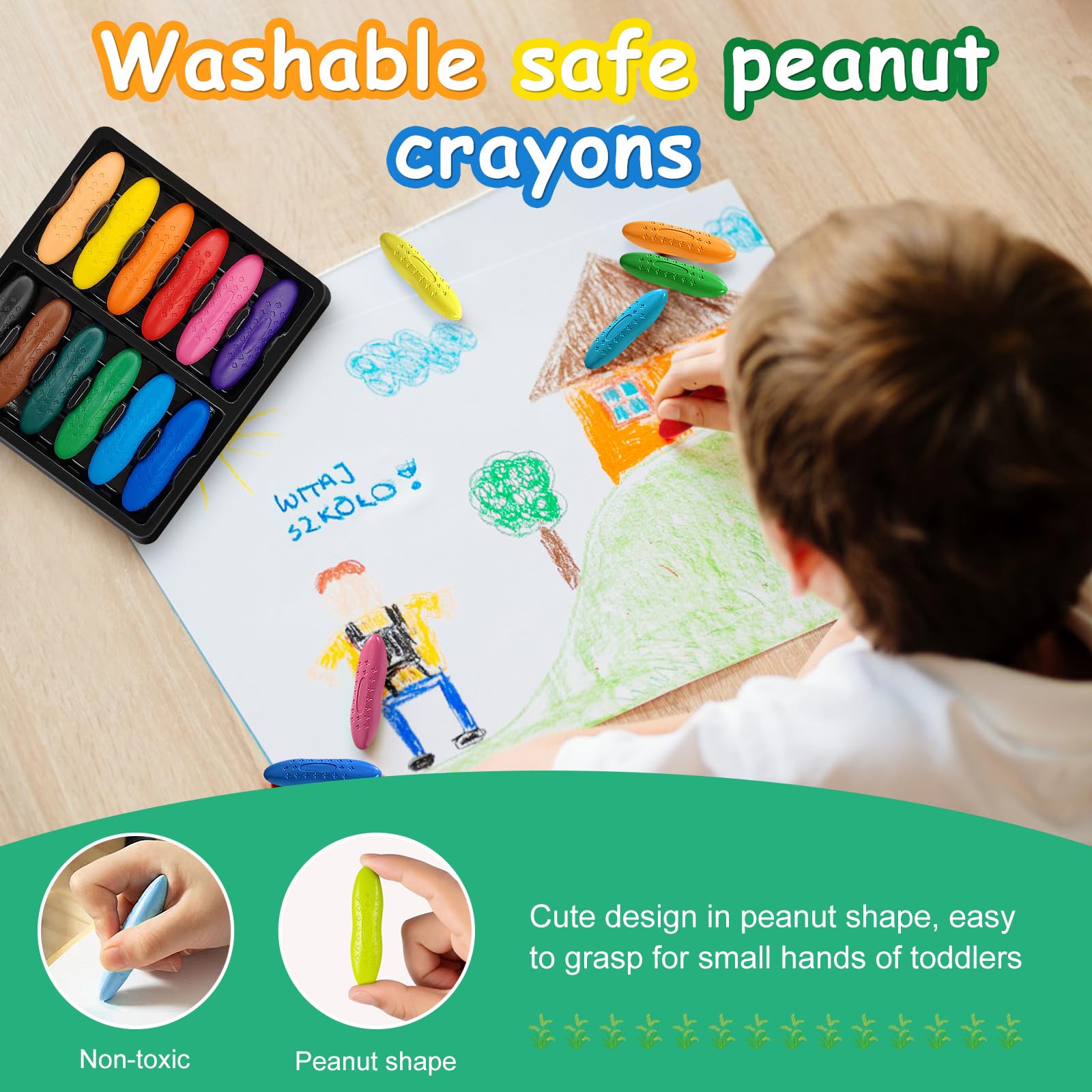 Obidodi Toddler Crayons for Kids 12 Colors Non-Toxic Peanut Crayons Ages 2-4, Easy to Hold, Washable Safe Baby Crayon for Children - Image 2