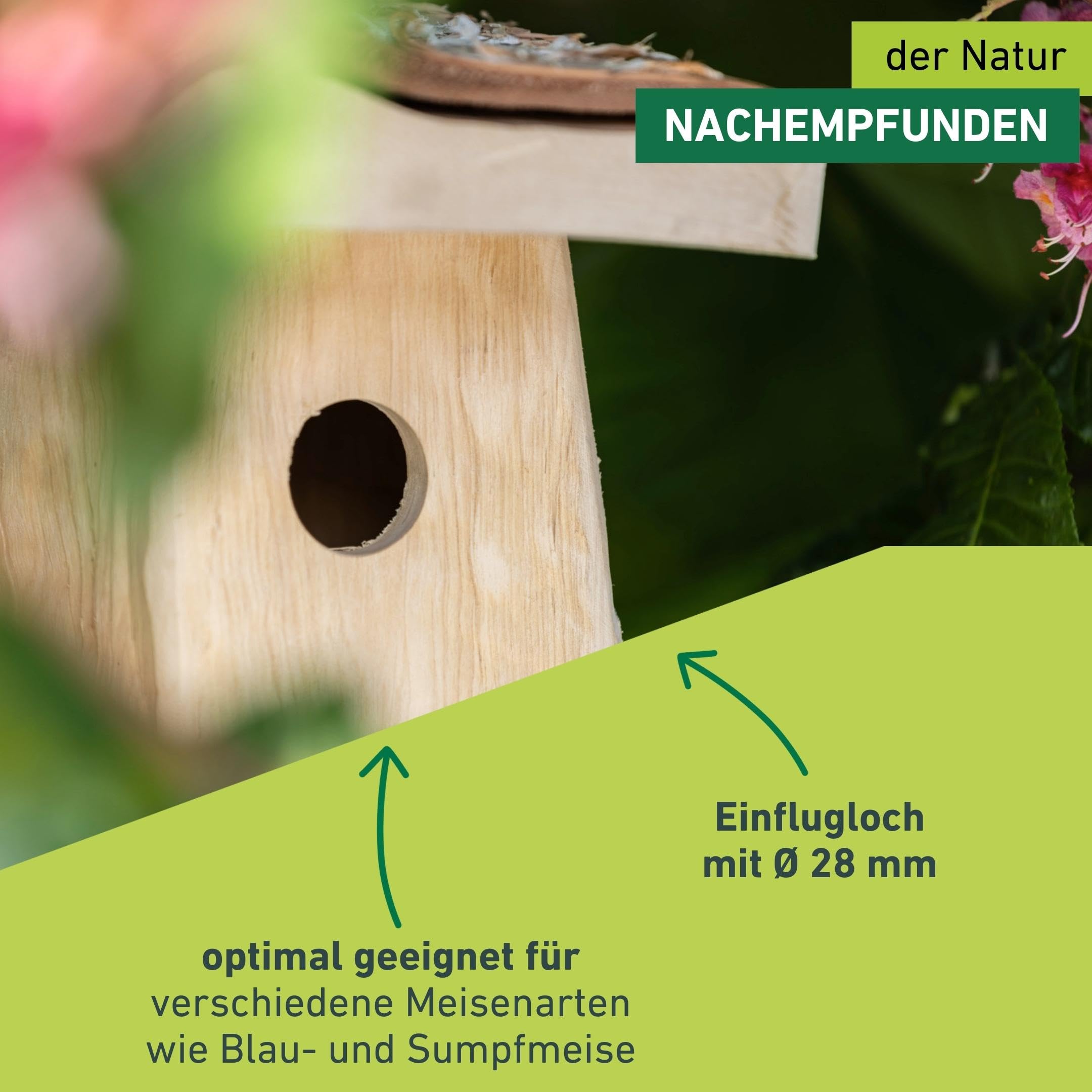Windhager Nistkasten Log Cabin | abnehmbares Dach | Einflugloch Ø 28 mm, aus Birkenholz | Vogelhaus für Meisenarten, Vogelnistkasten zum Aufhängen, Brutkasten für Vögel, Nisthilfe | langlebig