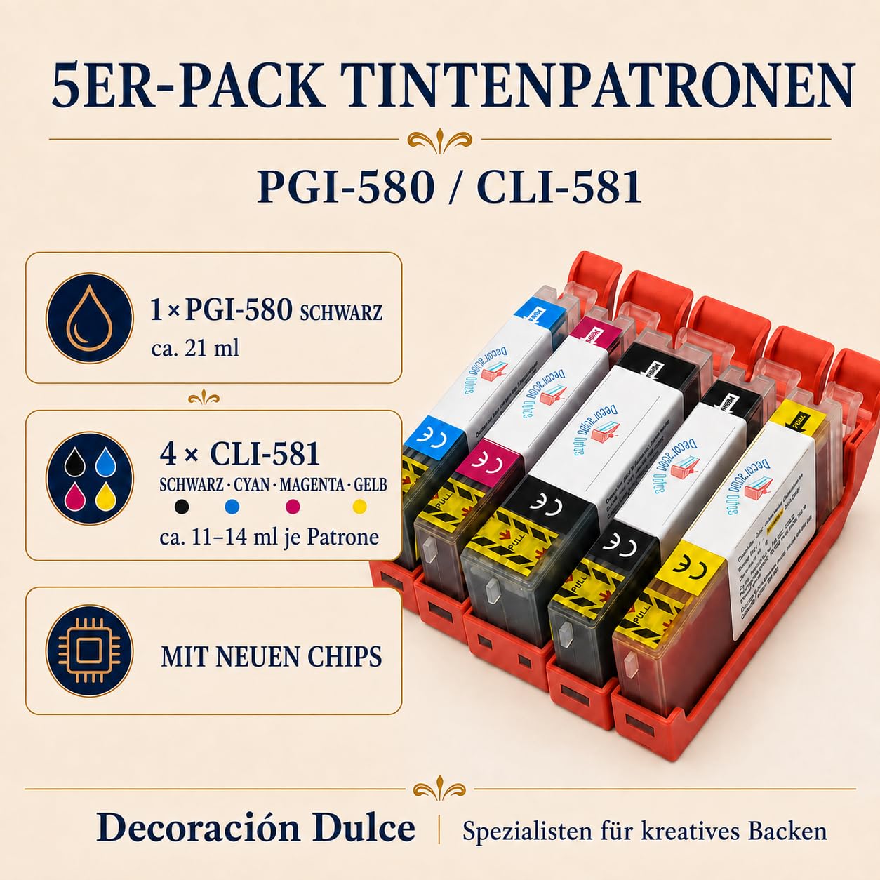 5 x Lebensmittelpatronen kompatibel mit Canon PGI-580 und CLi-581. Die Lebensmittelfarbe enthält kein Gluten. Bitte überprüfen Sie die Kompatibilität vor dem Kauf