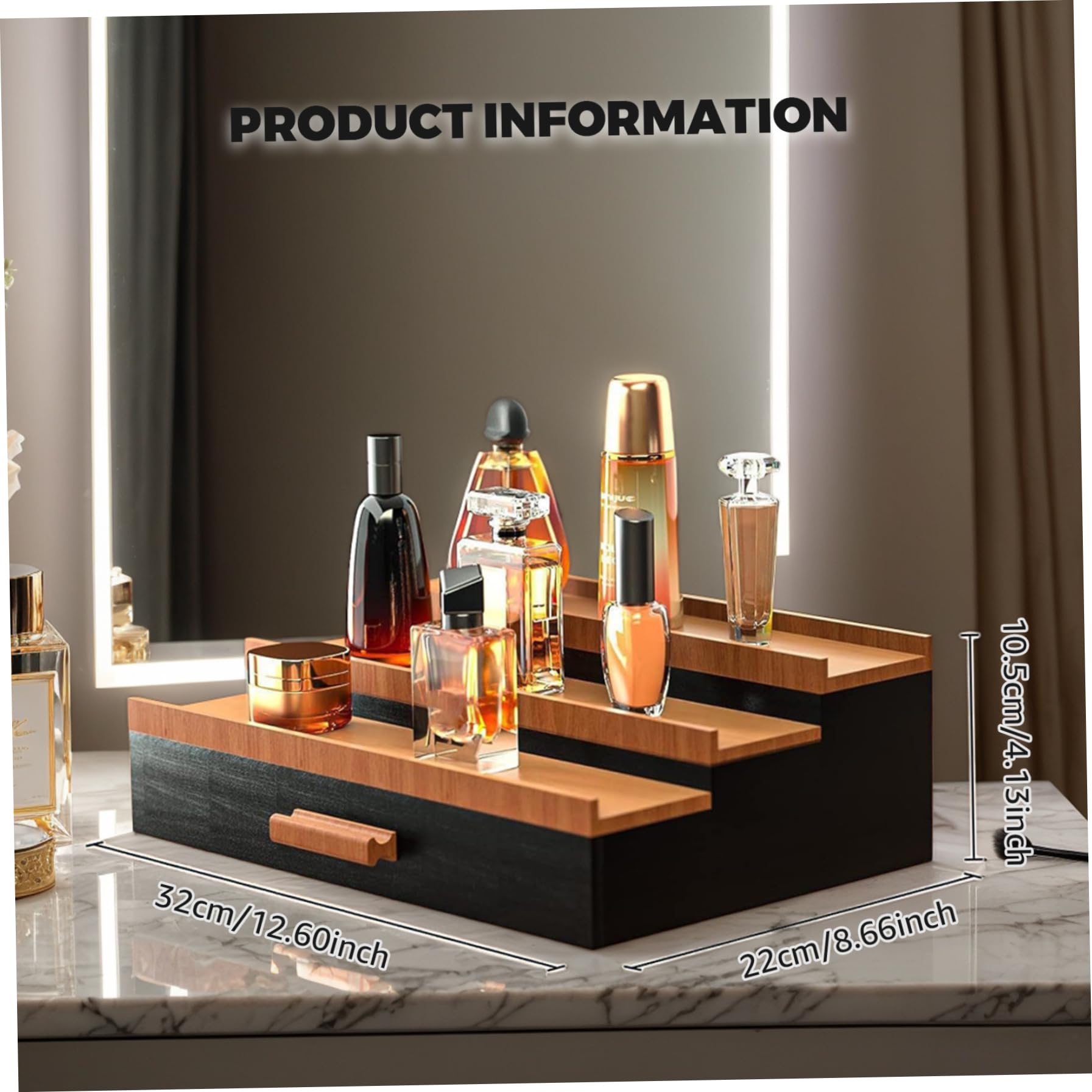 Organizador de perfumes, soporte de madera para perfumes de 12, 6x8, 7x4, 1 pulgadas, organizador de colonia elevado de 3 niveles con cajones con compartimentos, soporte de colonia portátil para tocad