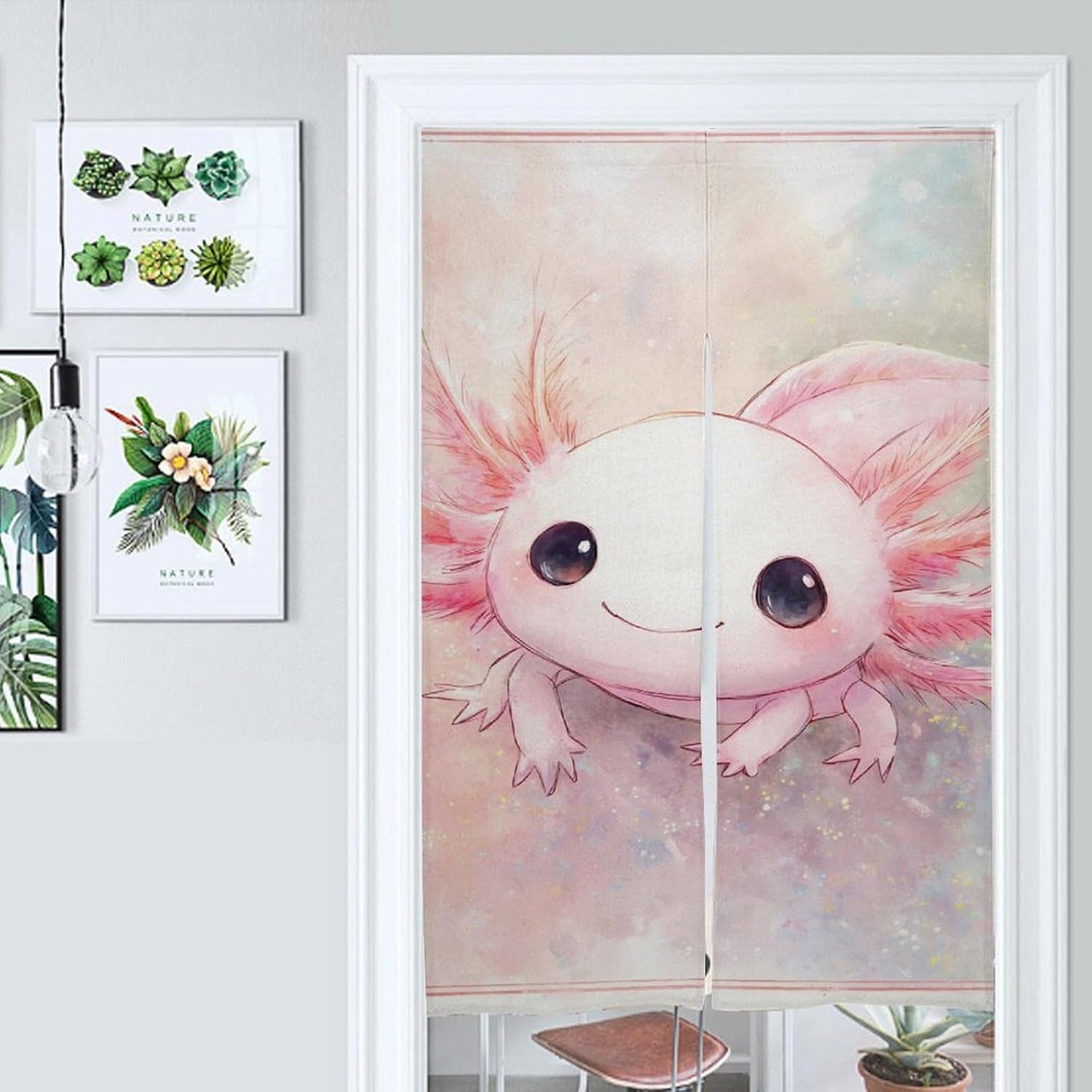 Watercolor Axolotl Doorway Curtain Insulated Room Divider Drapes | white linen,privacy curtains