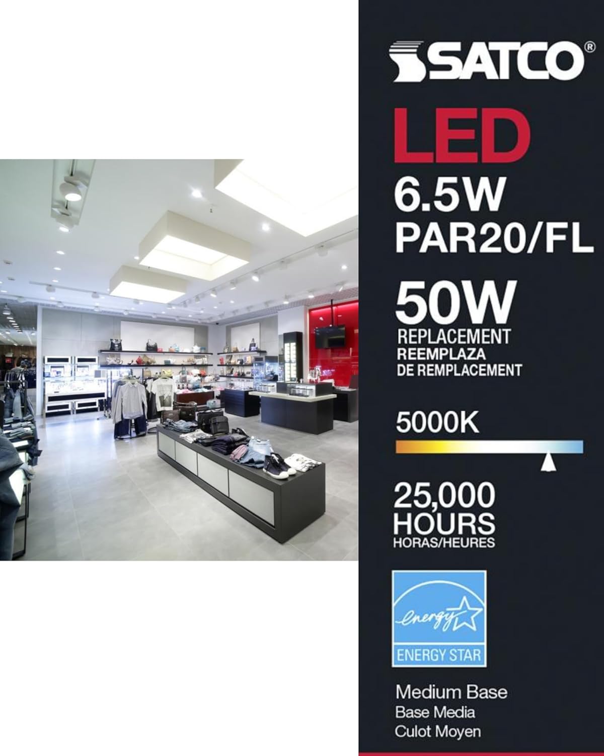Satco 6.5W PAR20 LED Light Bulb 5000K Natural Light 520 Lumens 40 Degree Beam E26 Medium Base 90 CRI Dimmable Wet Rated Enclosed Fixture Rated 120V S29409 (2 Pack)