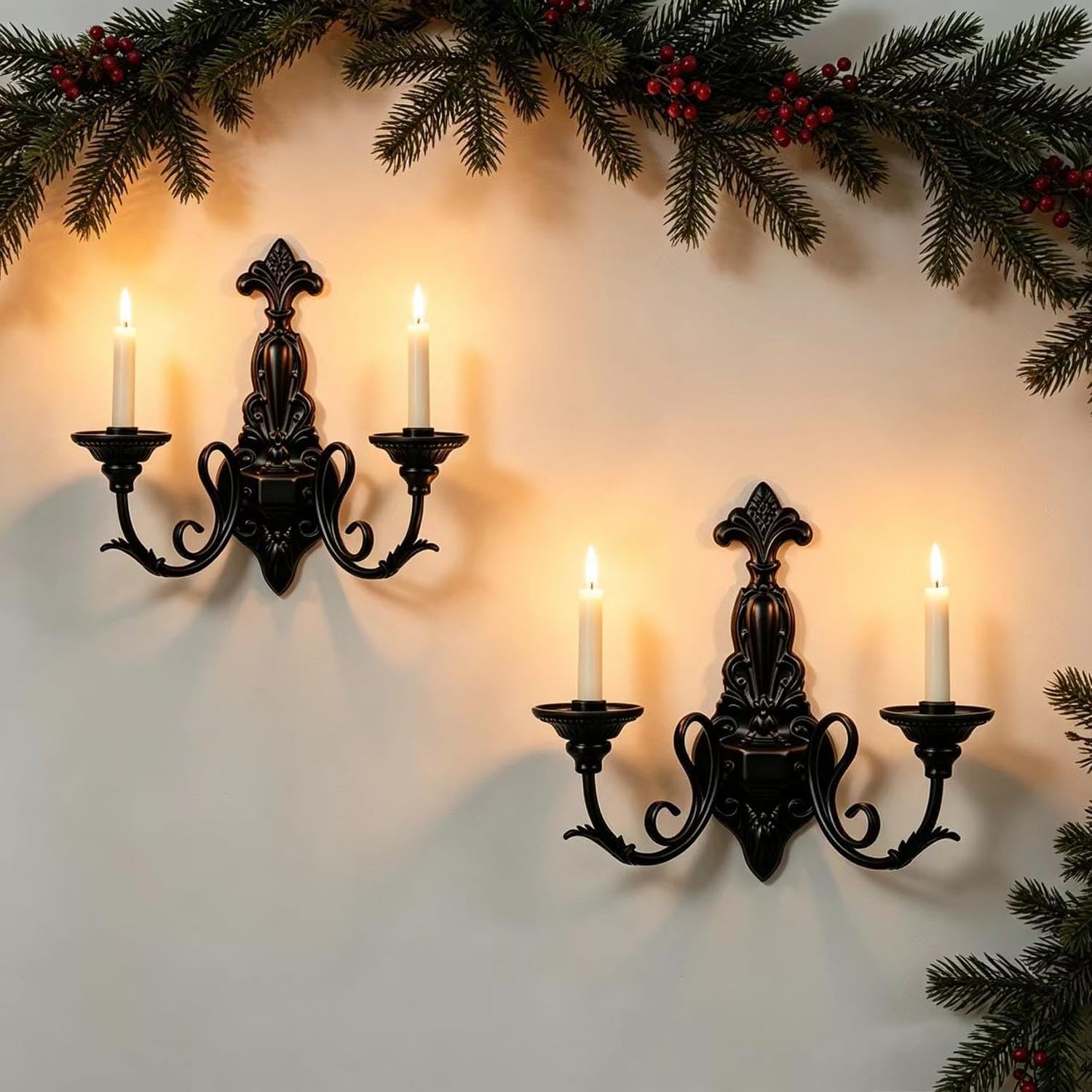 Black Candle Sconce Holder Metal Gothic Wall Decorations Applicable to Living Room Farmhouse Fireplace Ancient Architecture Decor Set of 2