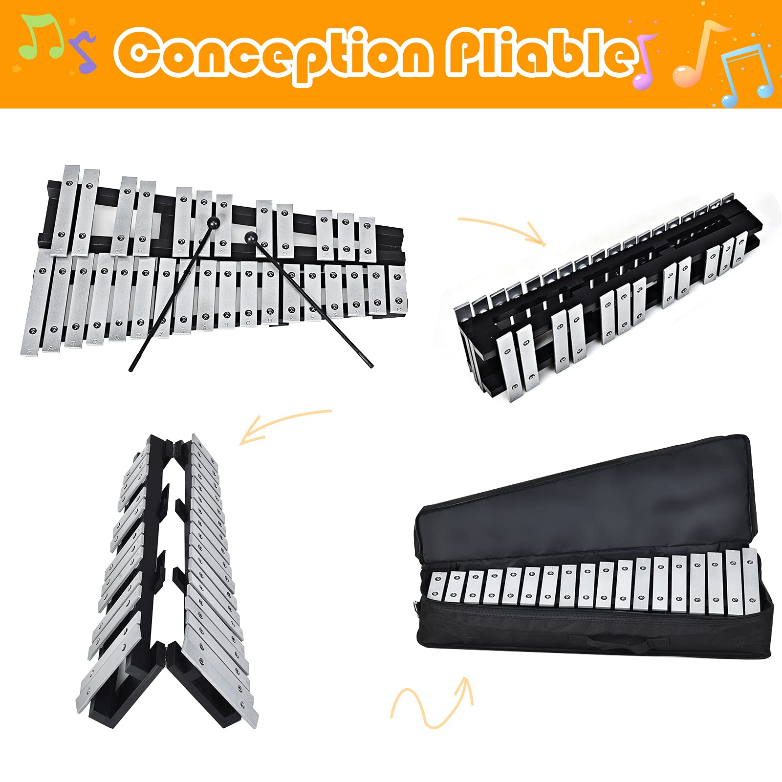 DREAMADE Glockenspiel, 30 Note Xylophone Pliant avec 2 Maillets, Xylophone en Aluminium Cadre en Bois avec Sac de Transport, Instrument de Percussion pour Enfant et Adulte