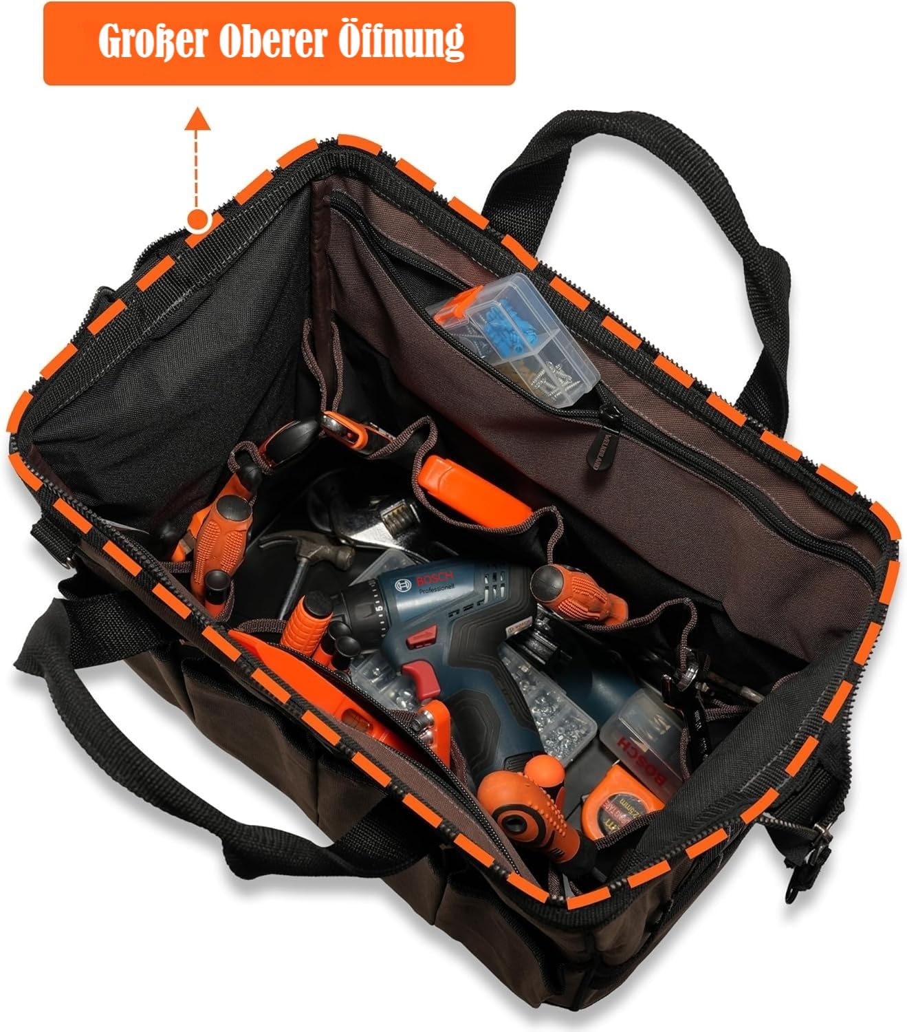 WELKINLAND Werkzeugtasche aus gewachstem Segeltuch mit 45 Fächern, 40,6 cm, robuste Techniker-Werkzeugtasche für Elektriker, hartes Bodenmaterial.