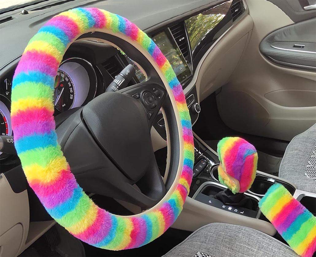 3pcs set Universal artificial Wool Steering Wheel Covers winter Warm and non-slip Plush car Interior auto Accessories (rainbow)