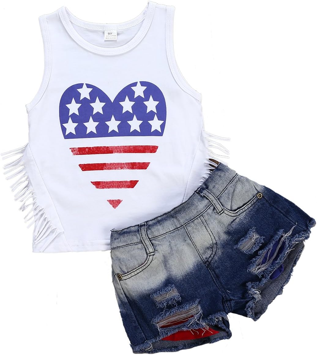 2Pcs/Set Toddler Kids Baby Girls Sleeveless Tassels Tops T Shirt+Ripped Denim Shorts Summer Clothes Outfits 3T
