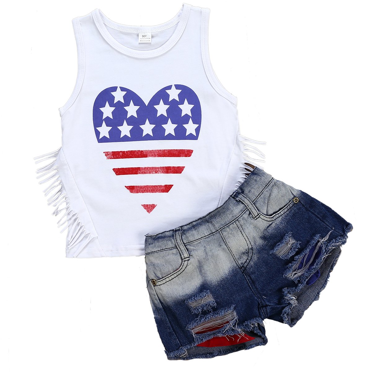 2Pcs/Set Toddler Kids Baby Girls Sleeveless Tassels Tops T Shirt+Ripped Denim Shorts Summer Clothes Outfits 3T