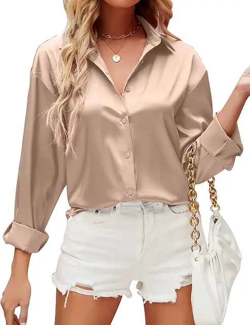 Blusa Cetim Elegante para Mujer, Manga Larga y Color Liso para Fiesta y Casual