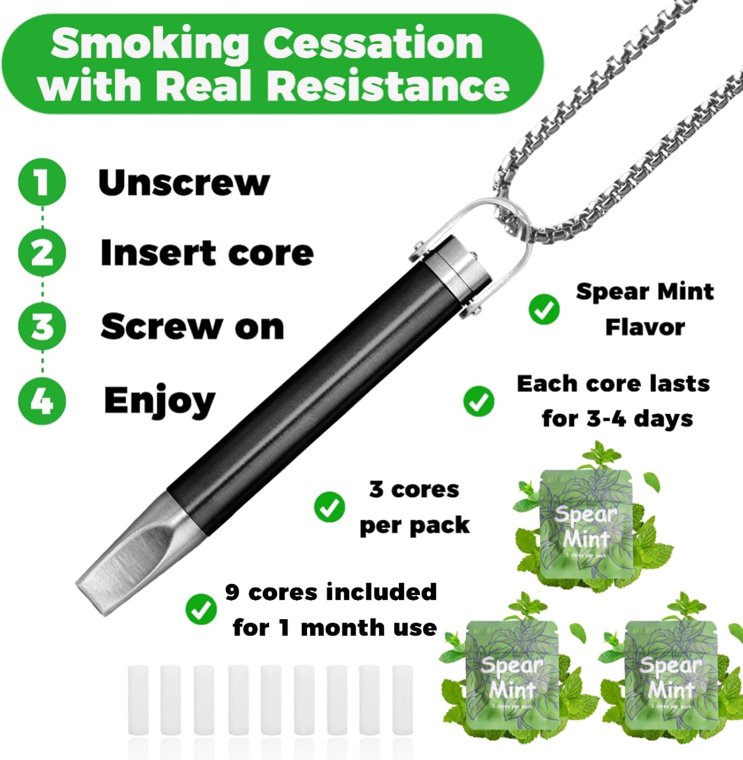 Breathing Necklace to Replace Bad Habit with 9pcs Mint Cores, Adjustable Air Flow Necklace for Stress Relief with Leak-Proof Design & Flat Mouthpiece, Habit Support Fidget Necklace for Adults (Black)