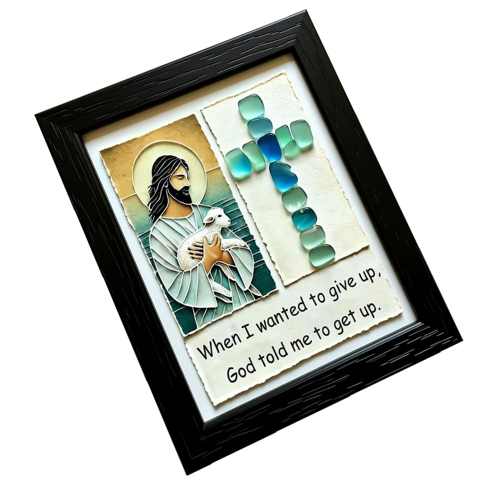 HZBB Jesuses Crucifix Sea Glass Wall Art with Frame Sea Glass Minis Wood Framed Decors Home Decors Crucifix with Wood Frame