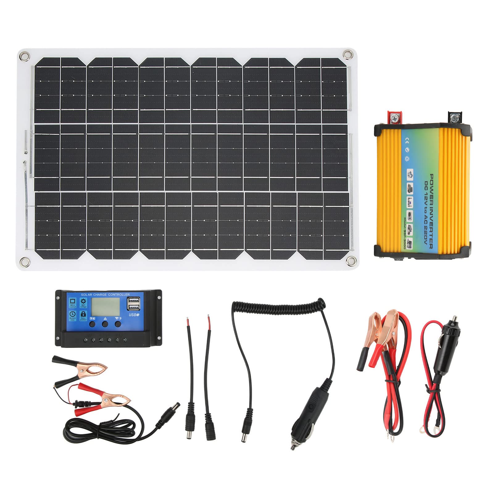 Convertitore di Potenza da 300 W con Pannello Solare Monocristallino da 18 W 18 V e Kit Regolatore di Carica Solare da 30 A 12 V 24 V di Energia Solare Portatile per (da 12 V a 220 V)