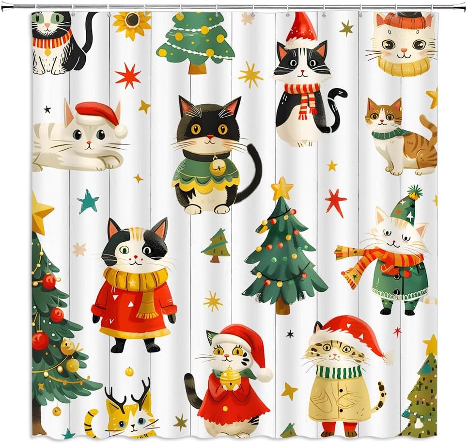 Christmas Cat Shower Curtain Cute Kitty Kitten Xmas Pine Trees Cartoon Lovely Funny Animal Christmas Balls Winter Holiday Happy New Year Bathroom Decor Curtains Polyester with Hooks, Red White