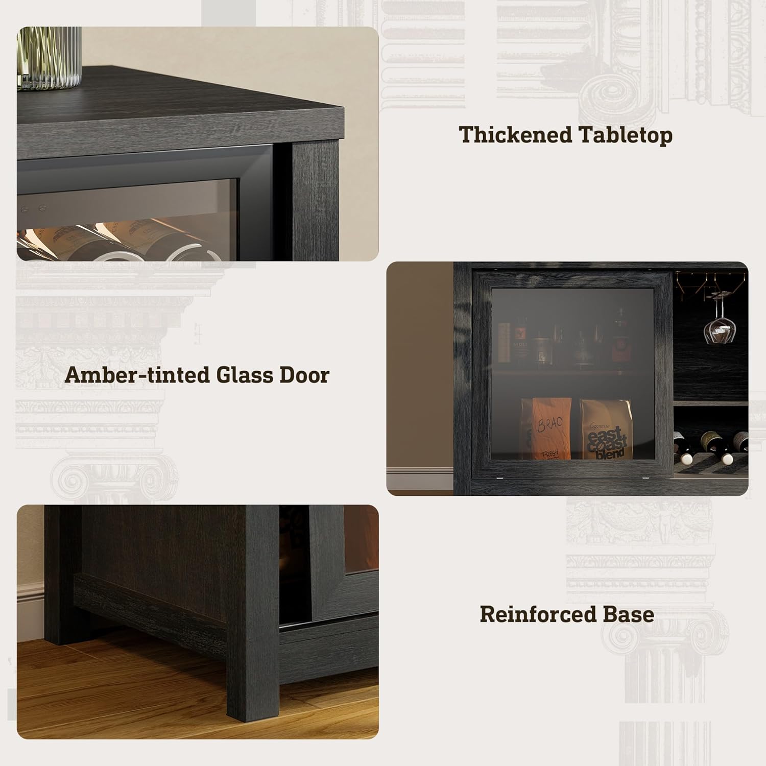 STO'SENSE Extra Large Coffee Bar Cabinet w/Fridge Space&Power Outlet,Lux MiniFridge Cabinet w/2Drawers,Wine Rack,Leather Handle,Adj.Shelves,Bar Tray,Glass Holder&Sliding Door,Buffet Sideboard,Black