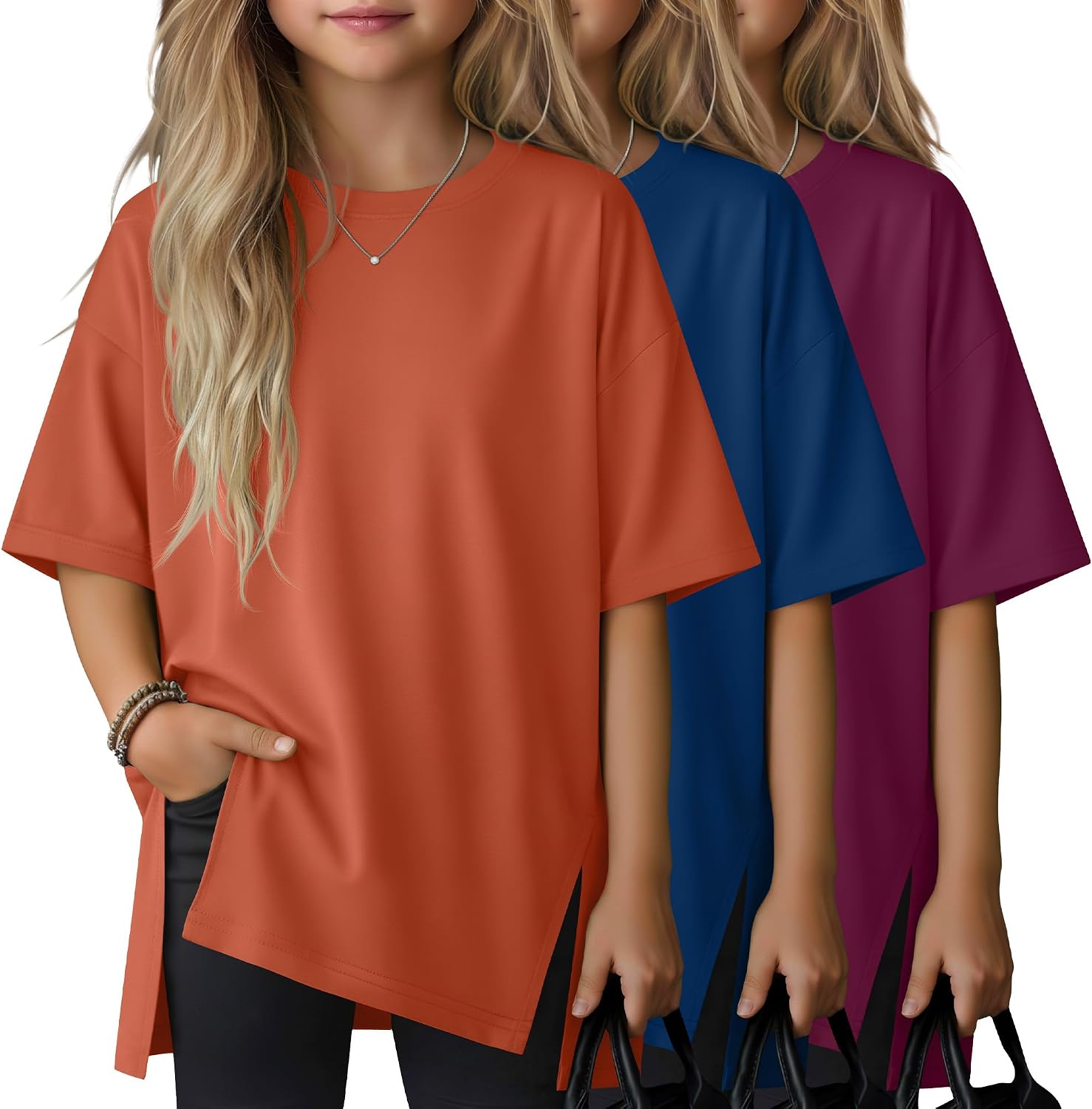 3 Pack Teen Girls T Shirts Short Sleeve Kids Summer Crewneck Loose Tops Tween Oversized Side Split Basic Tees 5-14Y