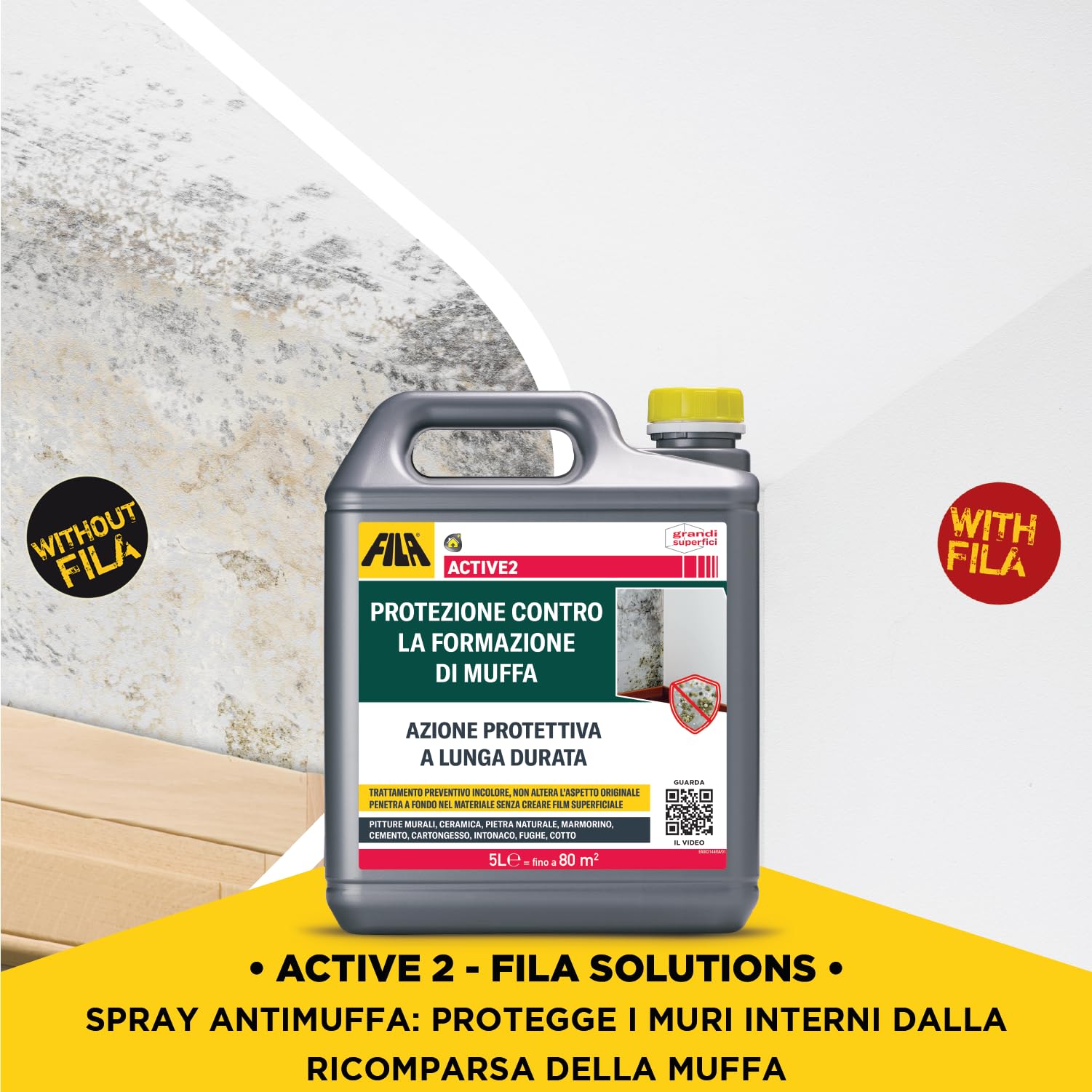 FILA Surface Care Solutions, ACTIVE2, Protettivo Anti Muffa contro la Ricomparsa, Antimuffa per Muri Interni al posto della Vernice Antimuffa, Trattamento Liquido Trasparente Protettivo, 5L