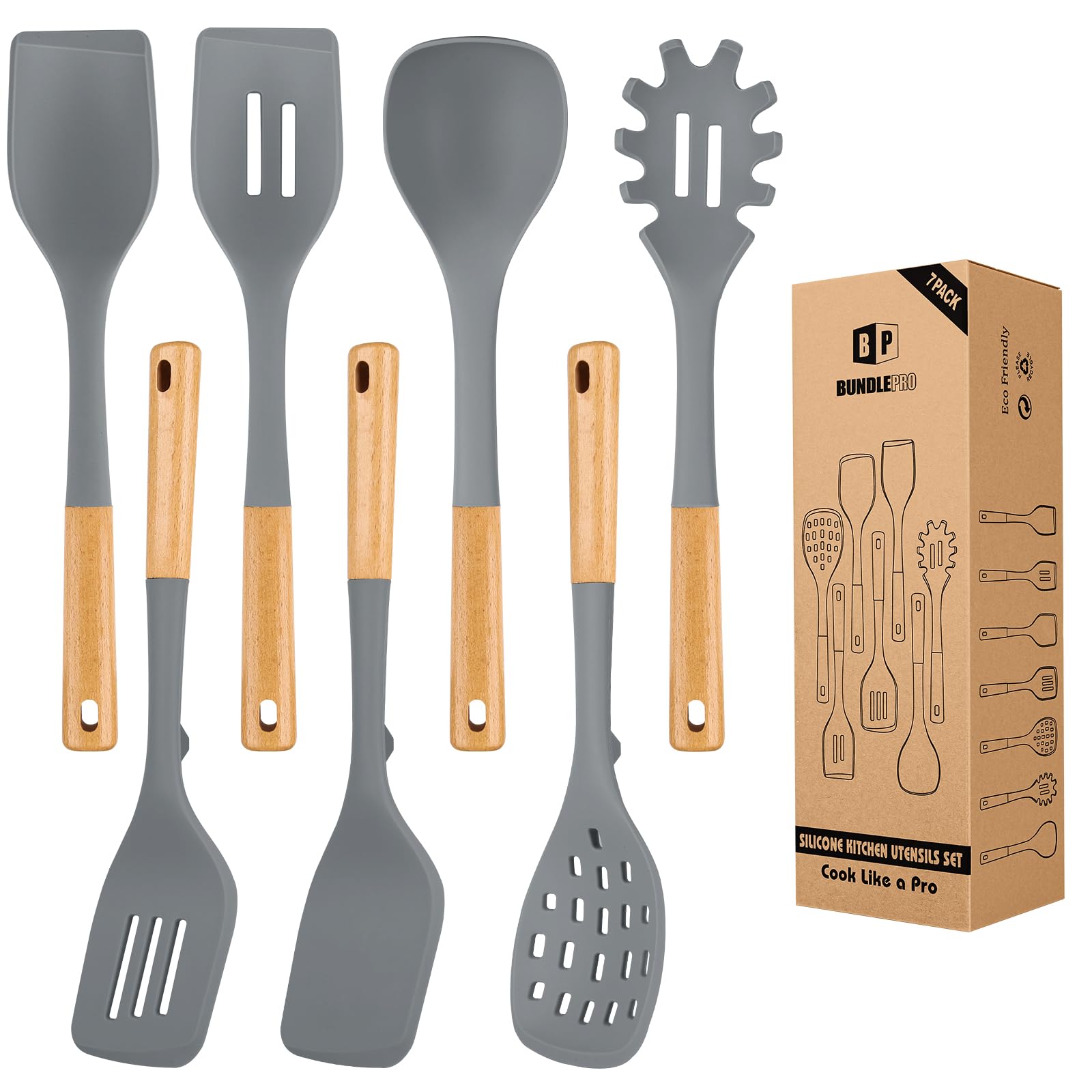 Set di utensili da cucina in silicone per pentole non appiccicose, 7 pentole resistenti al calore con manico in legno, utensili da cucina senza BPA, con spatole, cucchiai, skimmer e forchetta per