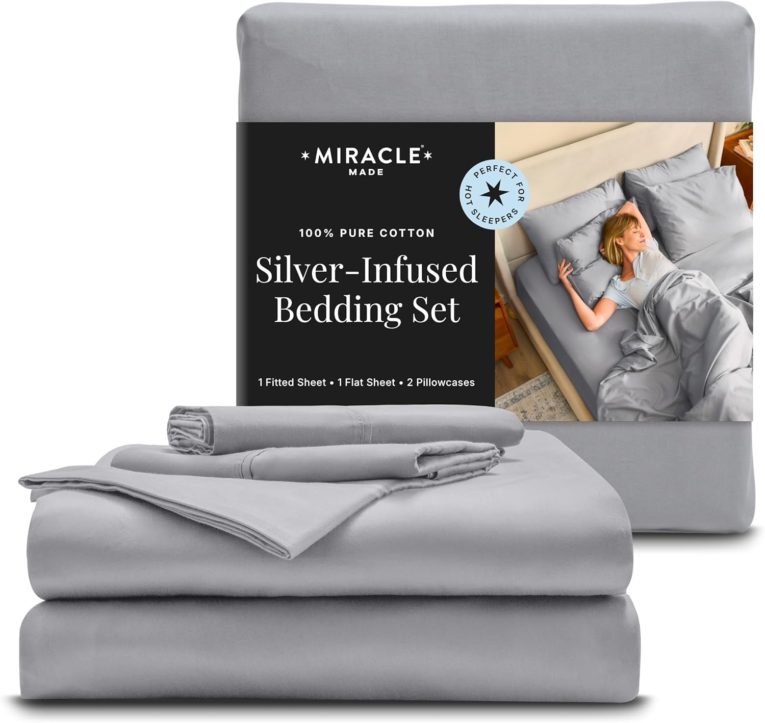 Miracle Made® Cotton Bed Sheets – 4 Piece Silver Infused, 300-Thread-Count Thermoregulating Miracle Clean & Cool ™ Sheet Set (Silver Grey, California King)