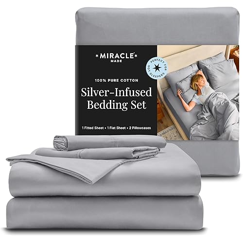 Miracle Made Breathable Cotton Bed Sheets, 4-Piece Set – Silver-Treated, Soft and Cool-to-the-Touch Lightweight Bedding Designed for Hot Sleepers – Queen Size, Silver Grey