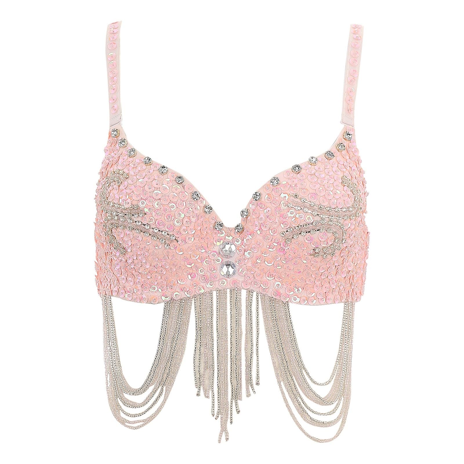 HKYBCF Women's Corsets Womens Belly Dance Costume Shiny Corset Crop Top Fringe Rhinestone Sequin Club Bra Spaghetti Straps Underwire Push Up Bustier(Pink)