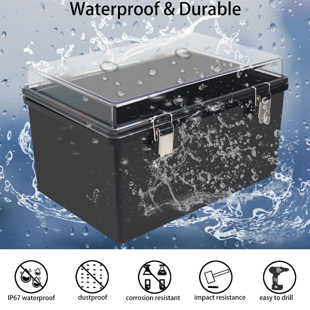 Junction Box,IP67 Waterproof Electrical Box Hinged Clear Cover Stainless Steel Latch Project Box Enclosure with Mounting Plate & Wall Bracket, Black 11.8 x 7.9 x 6.7inch(300x200x170mm) — Amazon image 2