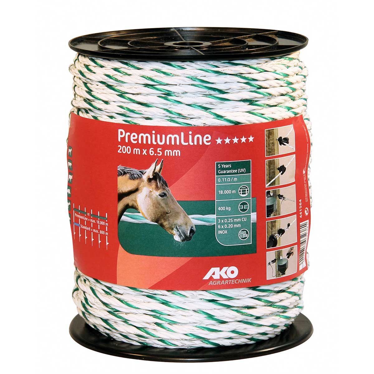 Kerbl Lina Prem.Line, 200 m, 6,5 mm, biała/zielona, 6x0,2 NIRO,3x0,25Cu