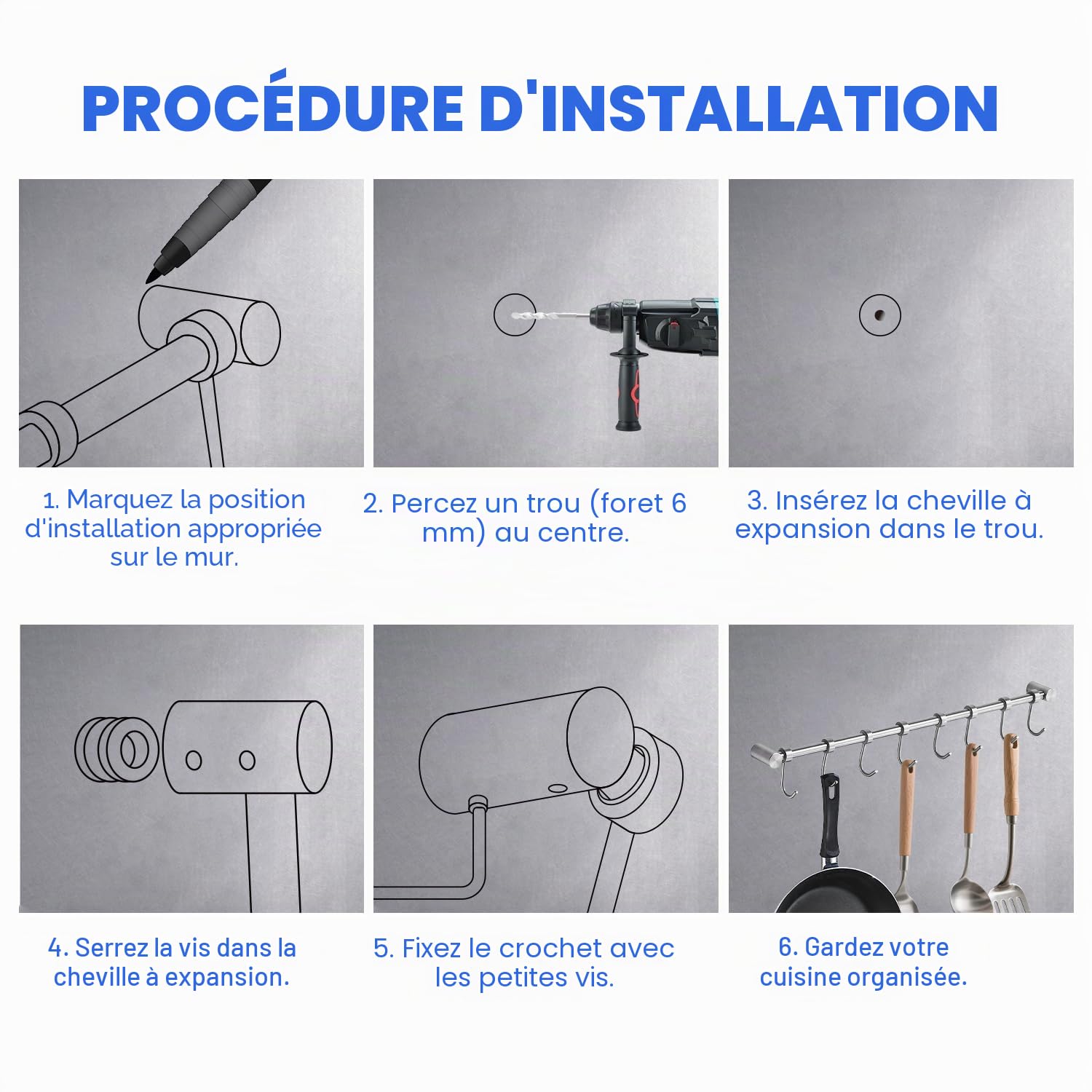 Rack suspendu à vaisselle avec 8 crochets amovibles - Rail de cuisine - En acier inoxydable - Fixation murale - Manteau - Chapeau - Bar - Organiseur pour outils suspendus, couteaux