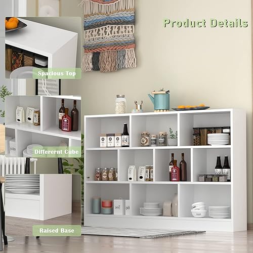 Miniatura 7 de AGOTENI Estantería de 10 cubos, organizador de almacenamiento abierto de madera de 3 niveles para sala de estar, dormitorio, oficina en casa, blanco