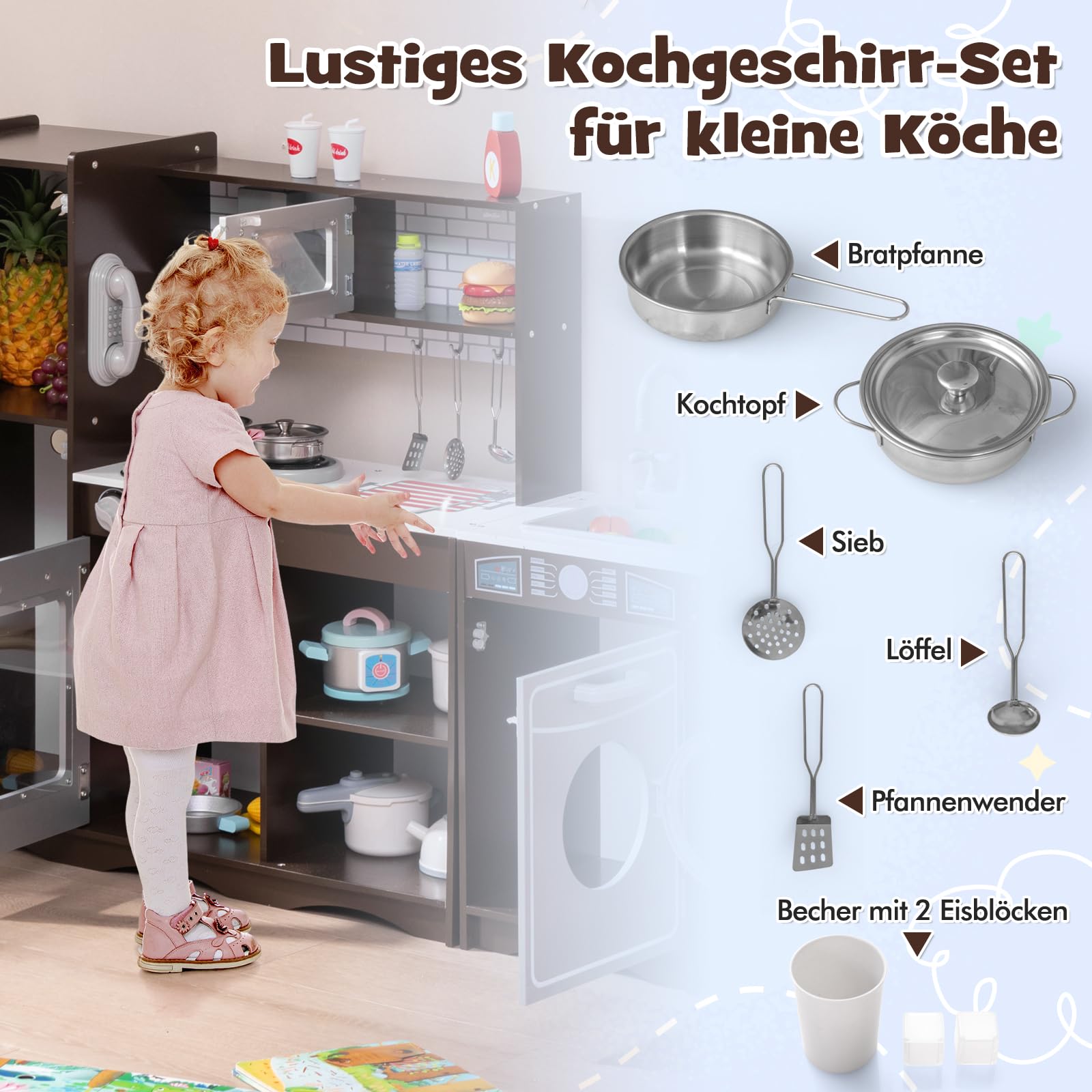 COSTWAY Kinderküche Holz, Eck Spielküche mit Licht & Sound, inkl. 7 Zubehör, Spielzeugküche mit Herd, Spüle, Eismaschine, Mikrowelle, Waschmaschine, Dunstabzugshaube, Telefon, für Kinder ab 3 Jahren