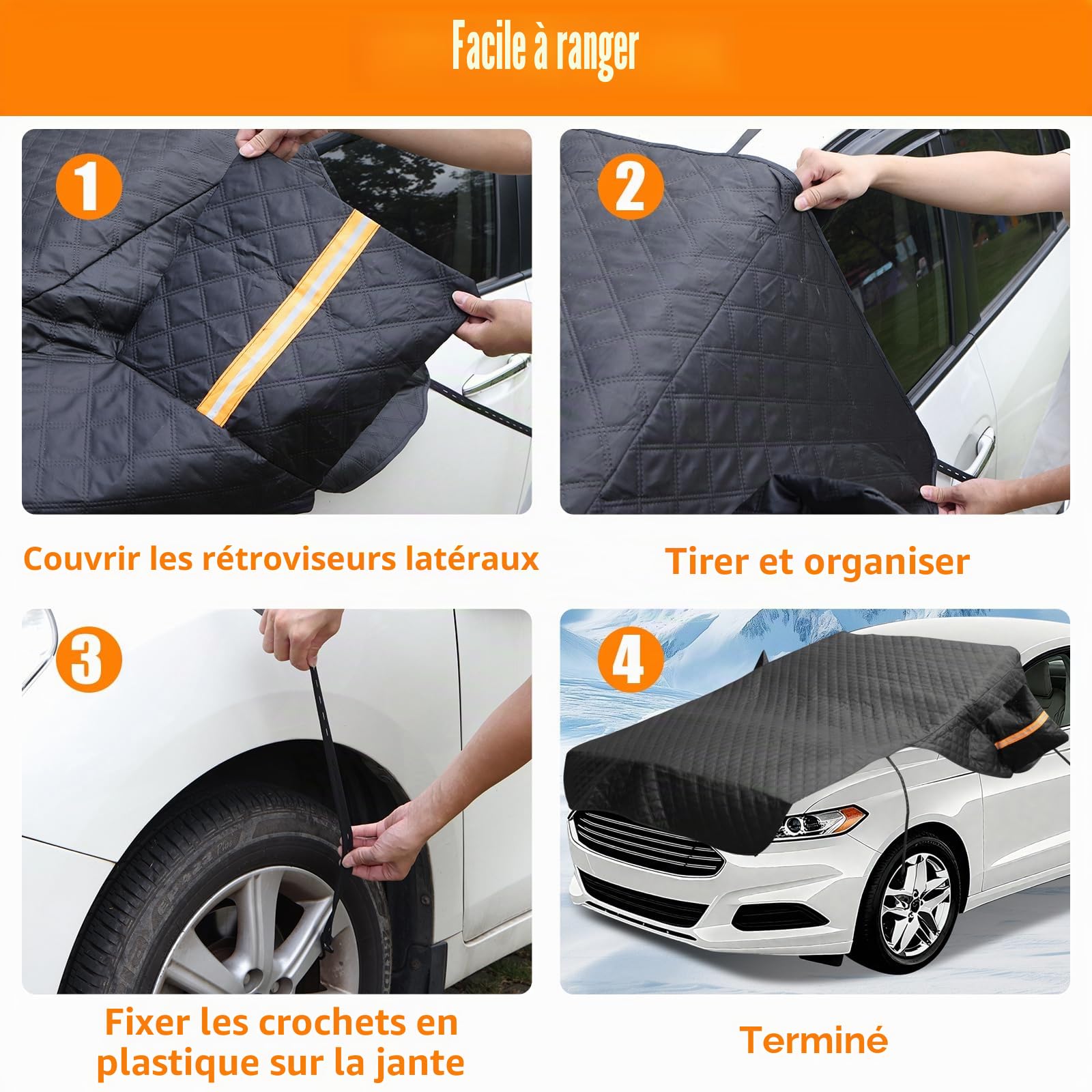 Housse de protection pour pare-brise de voiture - En tissu Oxford 600D - Accessoire d'hiver de voiture - Protection 3 en 1 pour pare-brise, capot et rétroviseurs latéraux - Pour petites voitures