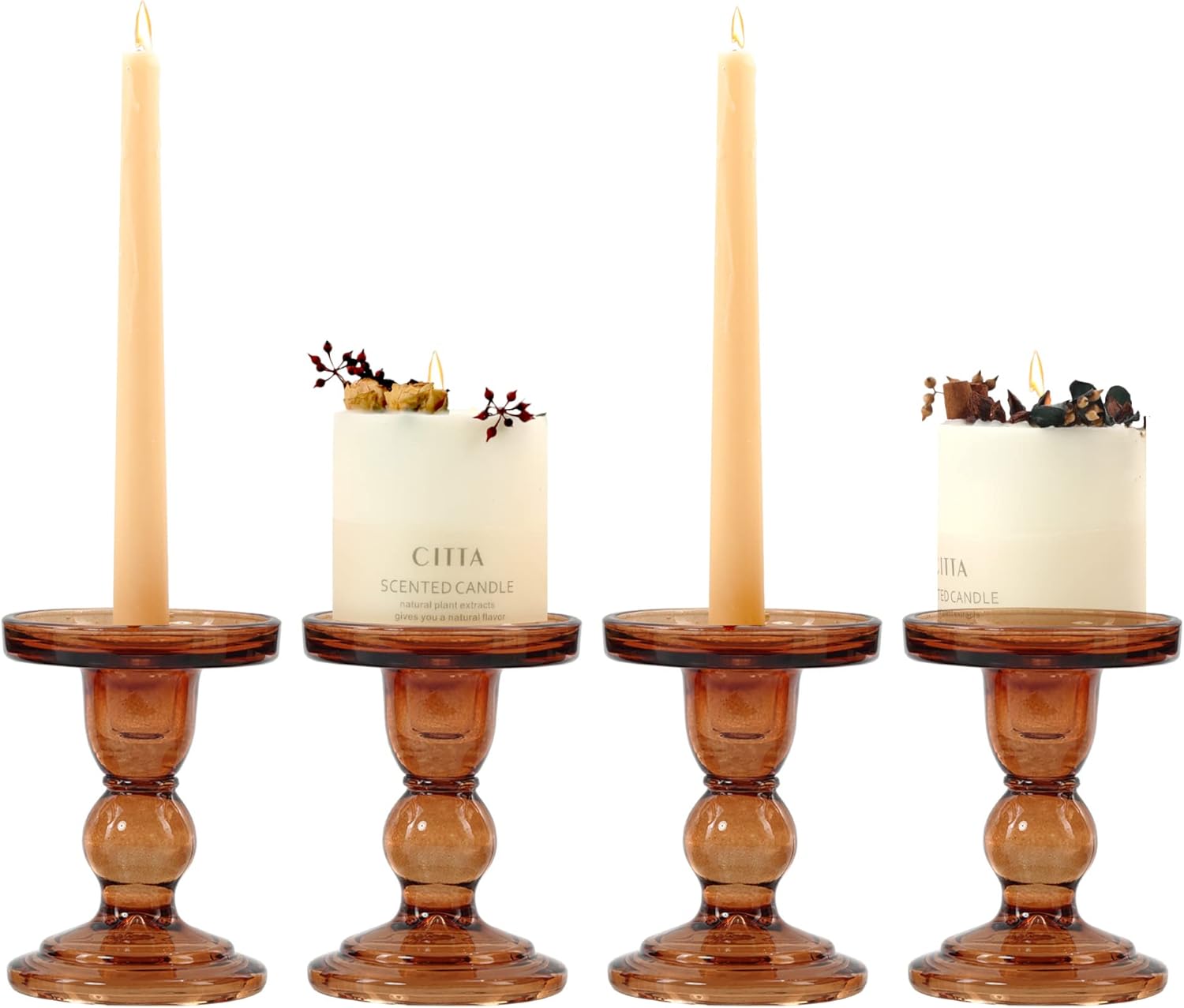 4 Pcs Glass Candle Holders Amber, ViViTOP Taper Pillar