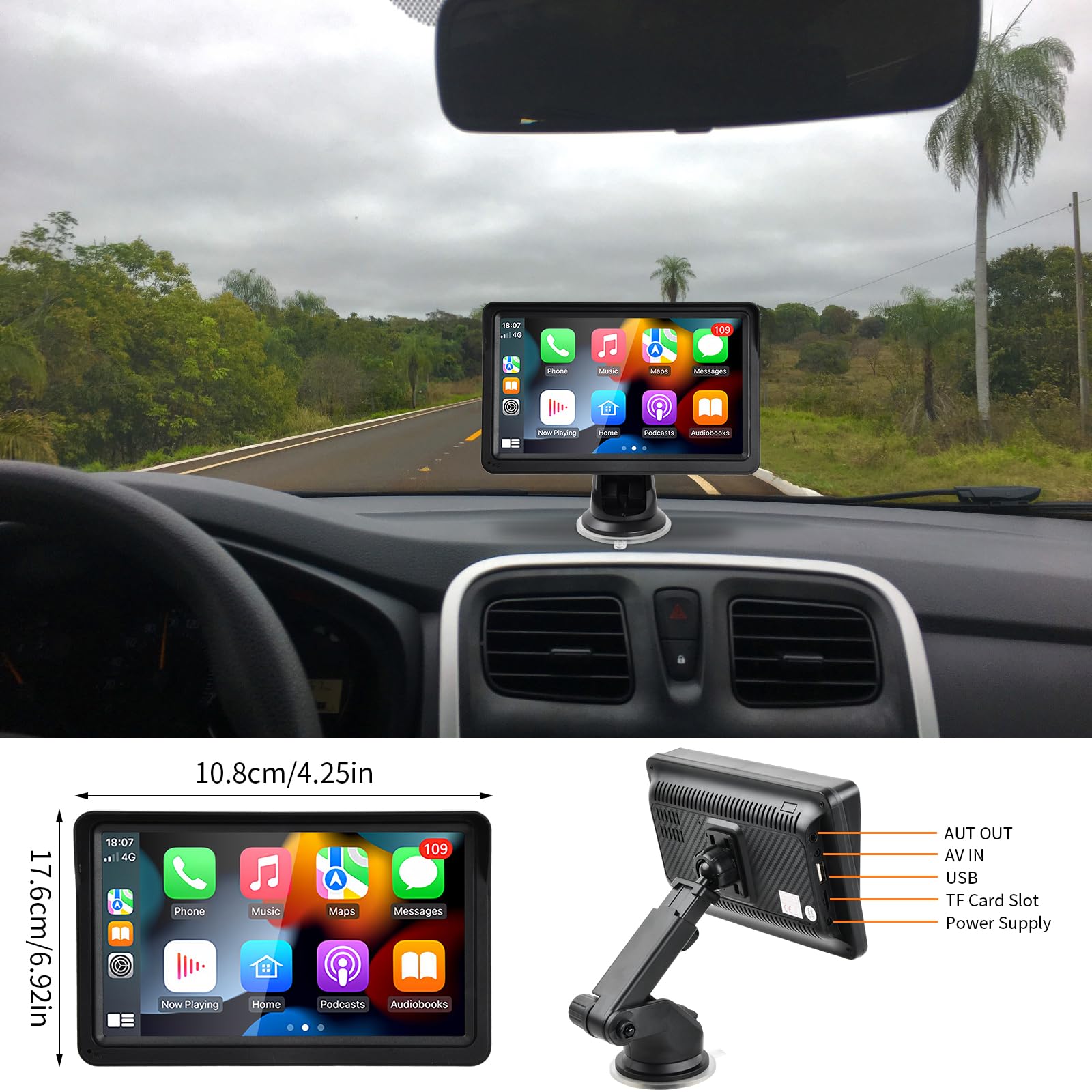7 Pulgadas Portátil Radio Coche con Pantalla Táctil Bluetooth, Reproductor Carplay Inalámbrico y Android Auto, GPS/AUX/FM