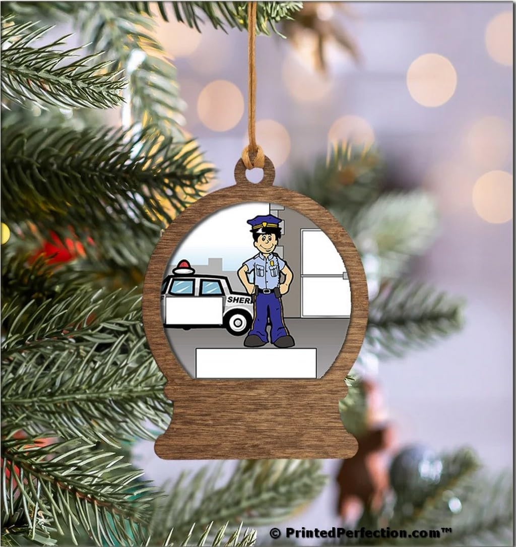 PrintedPerfection.com Personalized Sheriff - Male Wooden Snow Globe Shaped Christmas Ornament