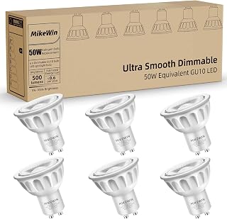 MikeWin Dimmable GU10 LED Light Bulbs, 5000K Daylight White GU10 Bulb Replacement for Recessed Track Lighting, 5W LED Bulbs with 40° Narrow Beam for Kitchen, Range Hood, Living Room, Bedroom,6Pack