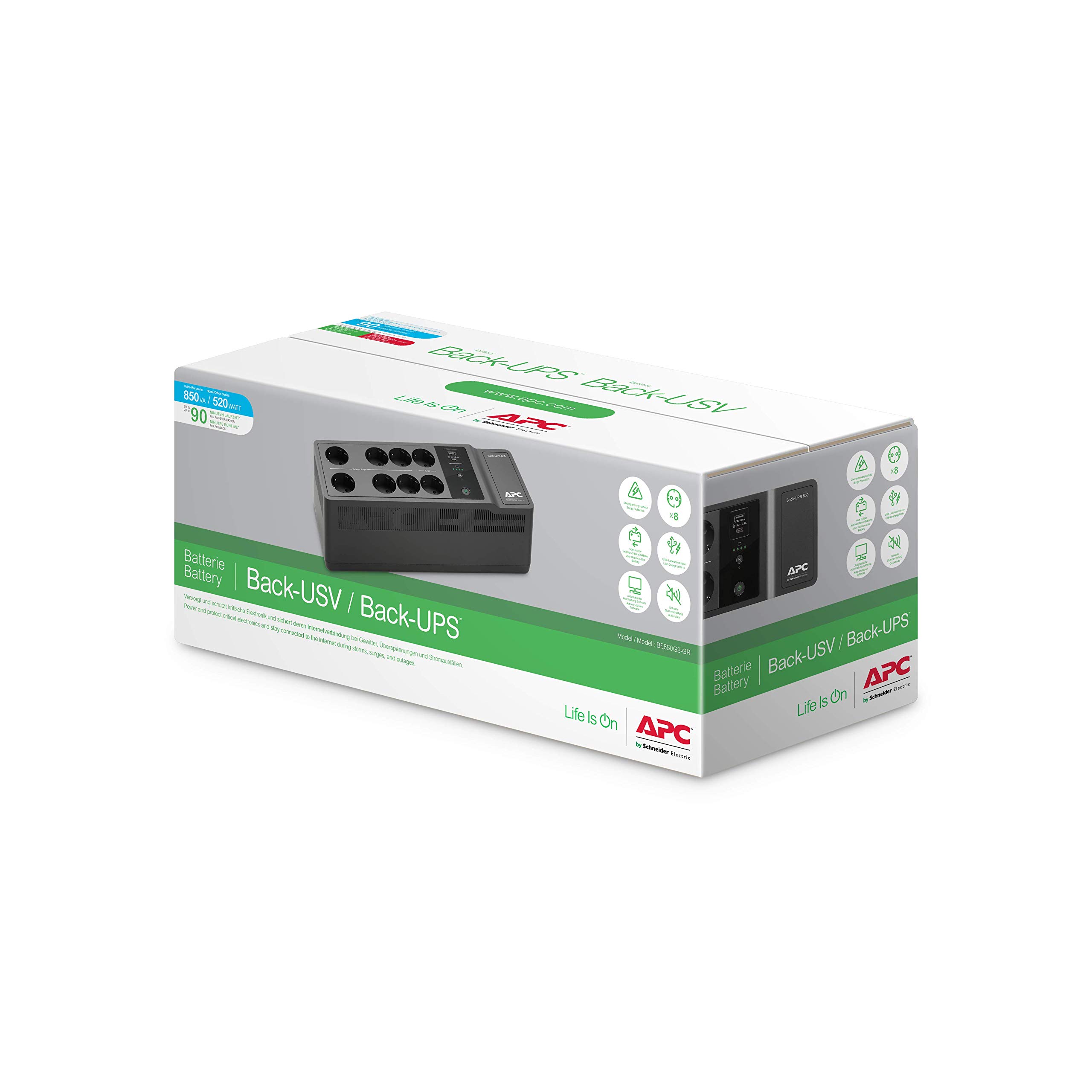 APC by Schneider Electric Back-UPS ES BE850G2 UPS 850VA 520W 8 Outlets USB Black
