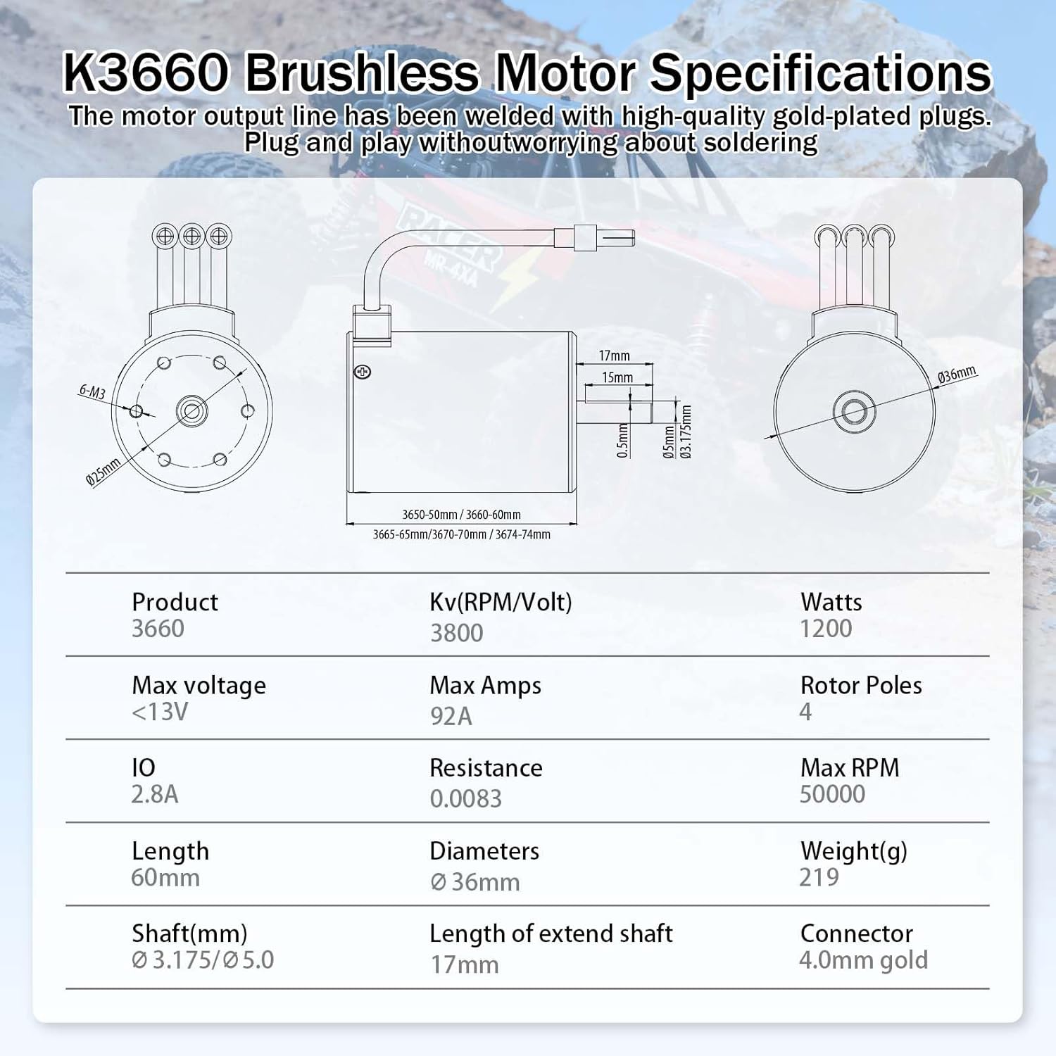 SurpassHobby 3660 3800KV Brushless Motor 13V 4-Pole Design, Suitable for 1/8 1/10 1/12 RC Electric Racing Car Buggy