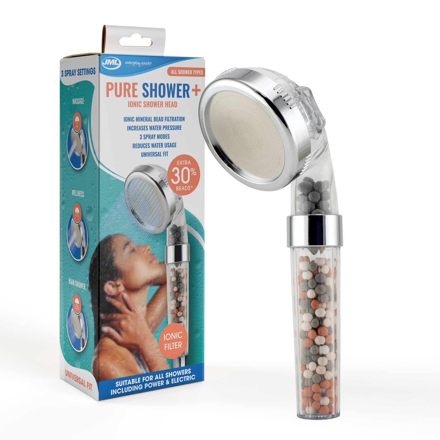 Jml Pure Shower+ The Filtering Shower Head That Increases Pressure And Saves On Water (No Stop Button)