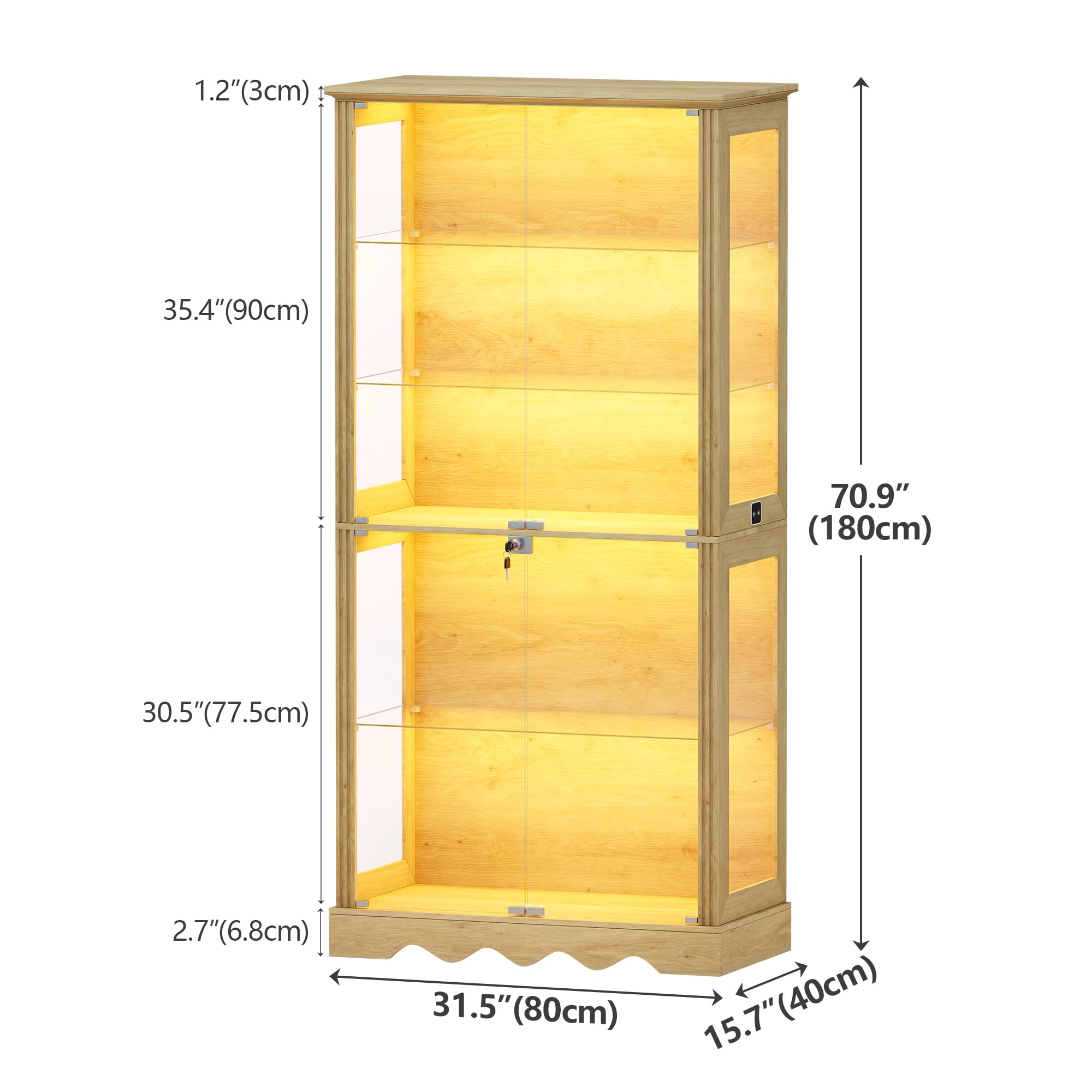 Vitrina de cristal de 5 capas de 180 cm, con iluminación LED y puertas de cristal, color madera | Vitrina con sensor inteligente para coleccionables