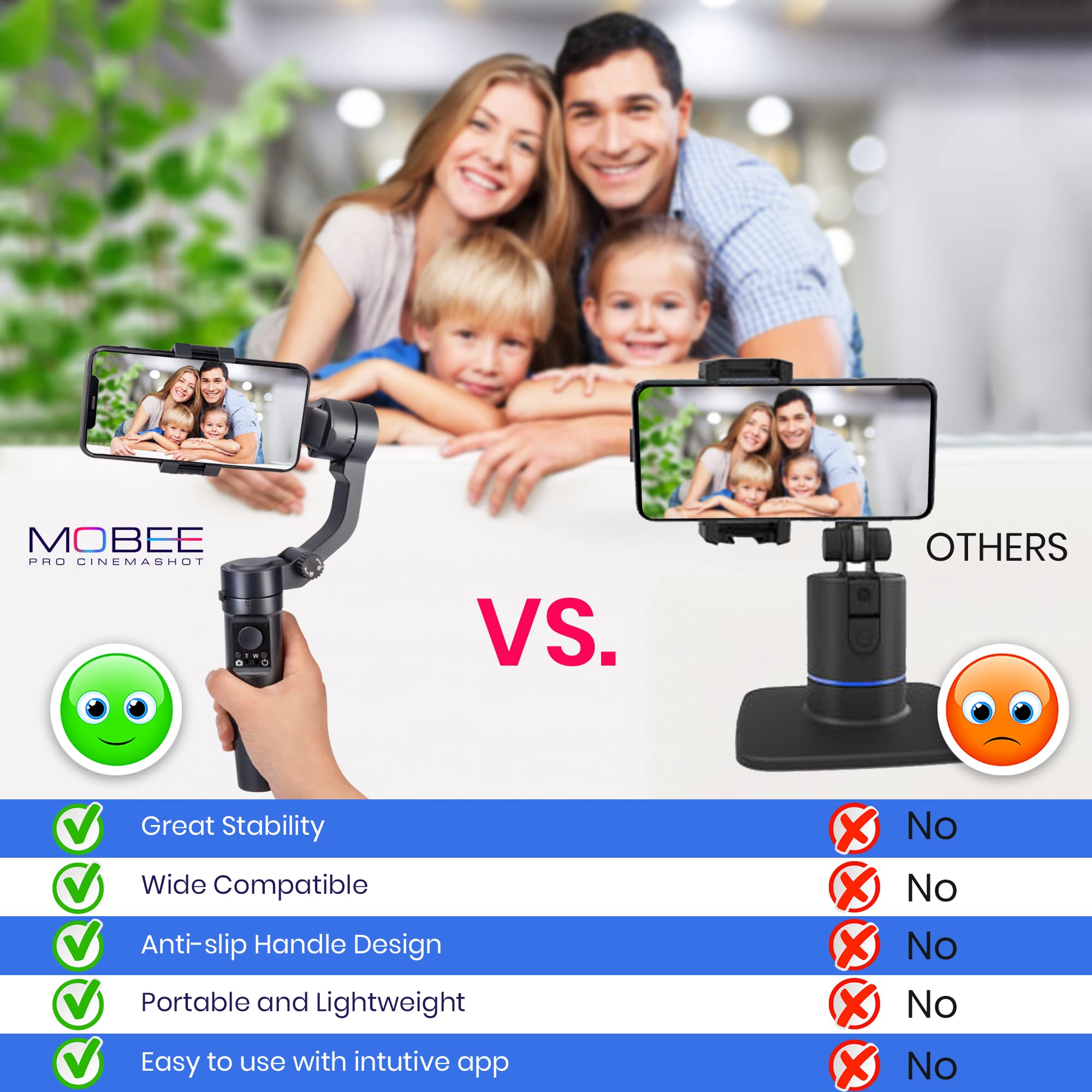 Mobee Pro Cinemashot - Gimbal movil Estabilizador para Smartphone Soporte de teléfono antivibración Gimbal Estabilizador para Móvil de 3 Ejes Trípode estabilizador diseño Plegable y portátil