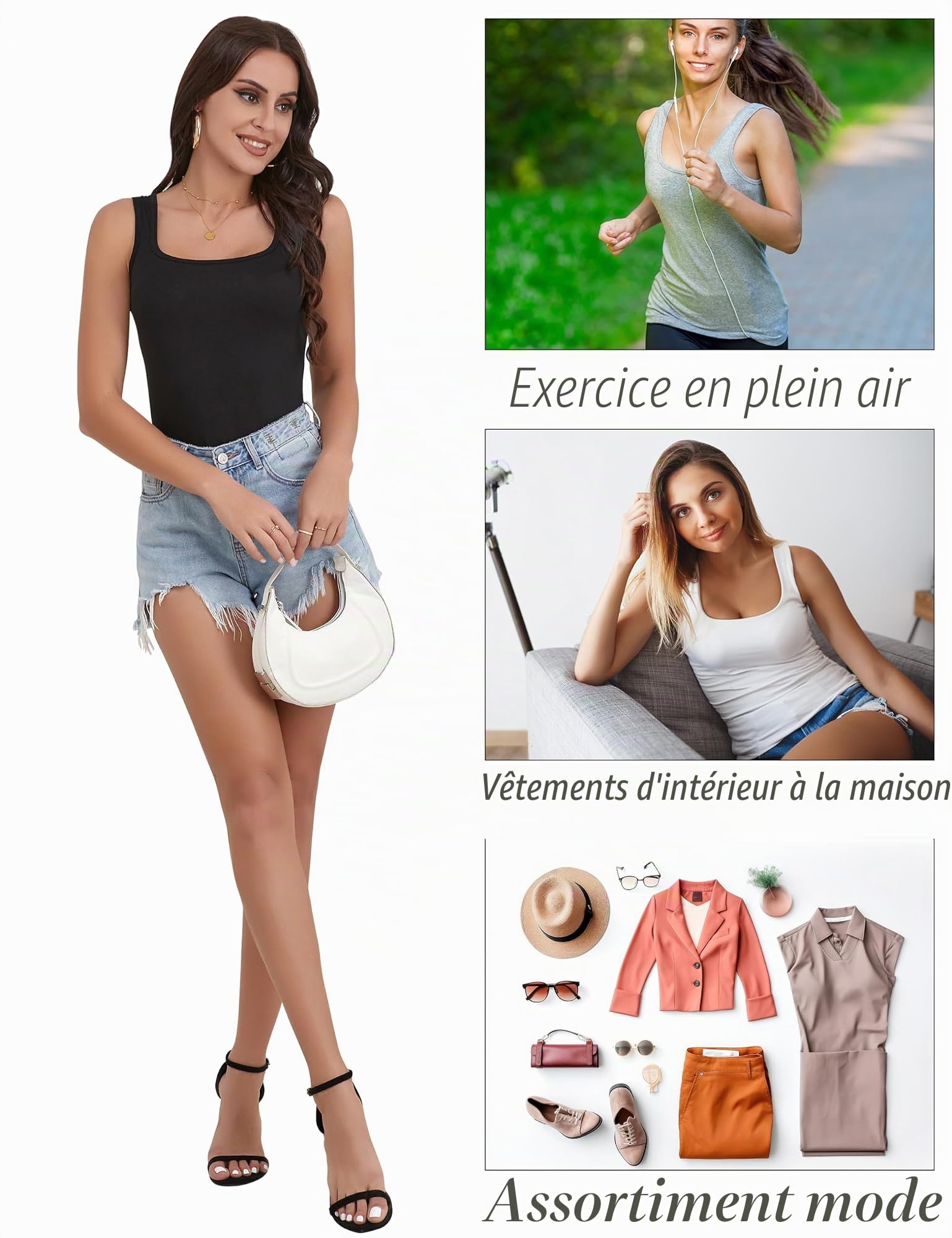 BQTQ 5 Pièces Débardeur Femme Tank Tops Extensibles Crop Top sans Manches Maillots de Corps à Col Carré Débardeur