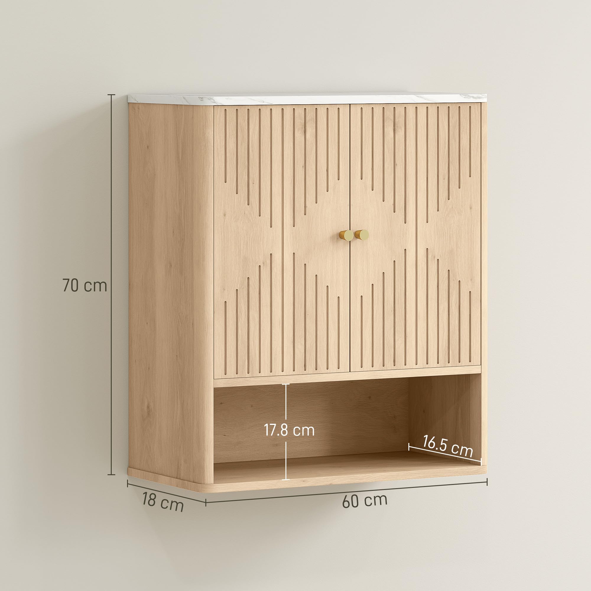 HOMCOM Armadietto Bagno a Parete, Mobile da Bagno Pensile con Ripiano Aperto e Ante Decorate, Piano Effetto Marmo, 60x18x70 cm, Rovere