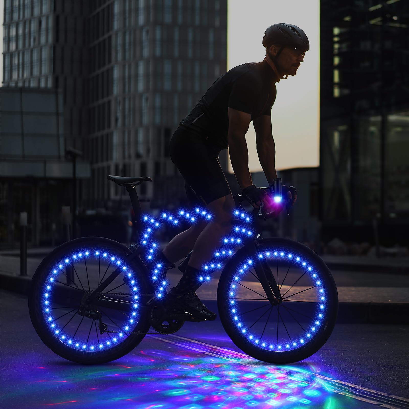 VIHOSE Lot de 4 lumières LED pour vélo disco avec 2 roues de vélo, 1 cadre lumineux à DEL et 1 phare avec piles pour vélo, discothèque, cadeaux de fête, équitation de nuit, étanche (bleu)
