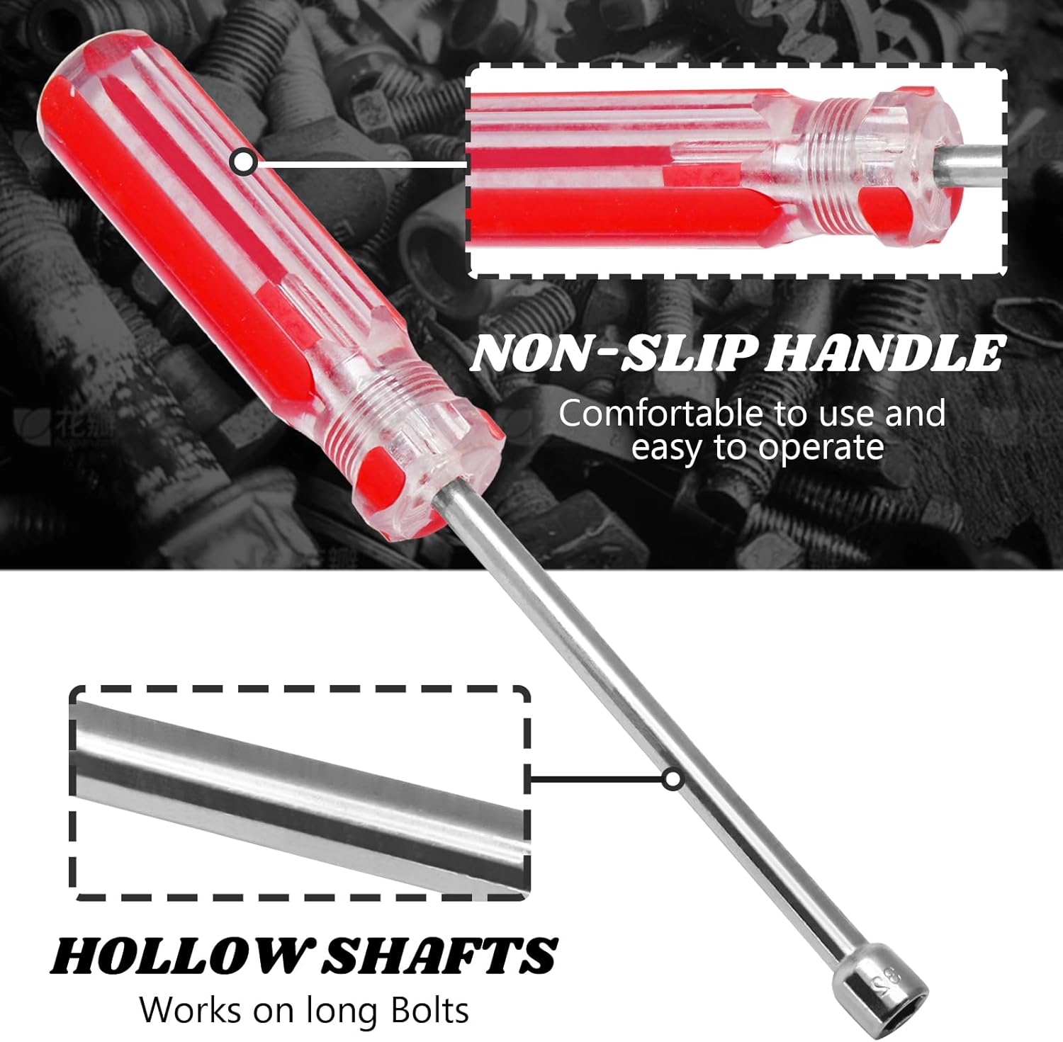 11/32 Inch Hex Nut Driver, Socket Wrench Screwdriver with 3.7-Inch Hollow Shaft, Cushion Grip Handle