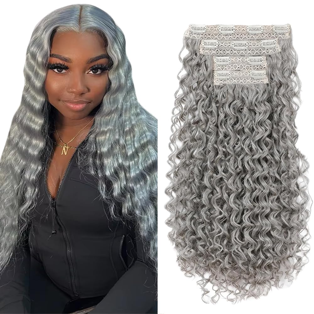 Photo 1 of Grey Deep Wave Clip in Hair Extensions,18 Inch Soft Real Human Hair,Sliver Clip ins 120g 7pcs Per,Brazilian Remy Gray Deep Wave Human Hair Extensions.