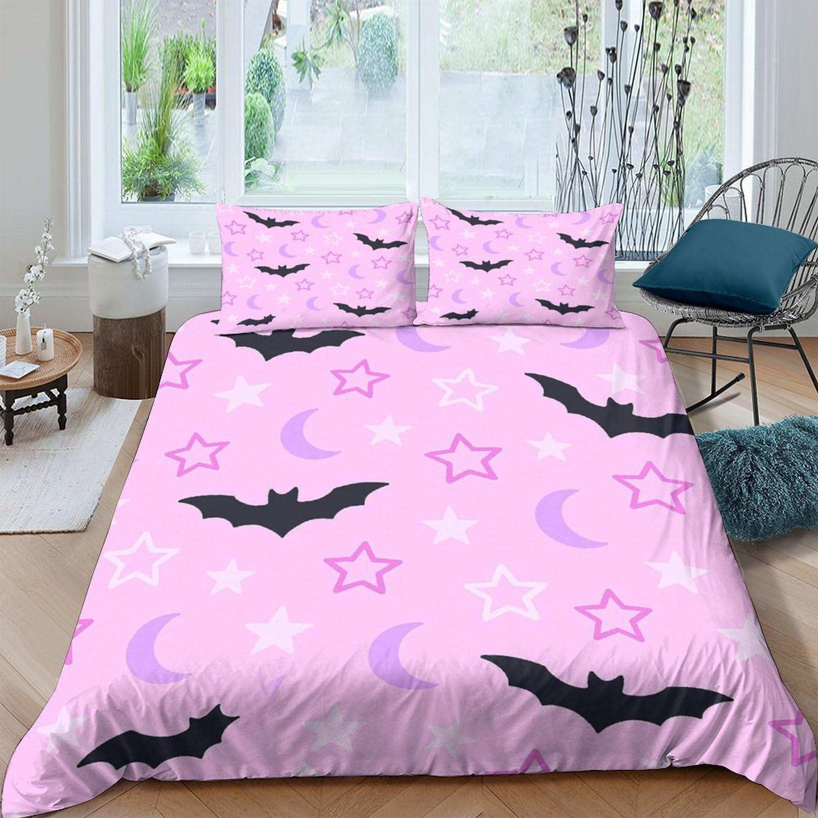 GPLZQXKJNH 3D Printed Pink Bat Moon Duvet Cover Microfiber Soft Breathable Star Bedding Set with 2 Pillowcases Bedroom Decor Single（135x200cm）