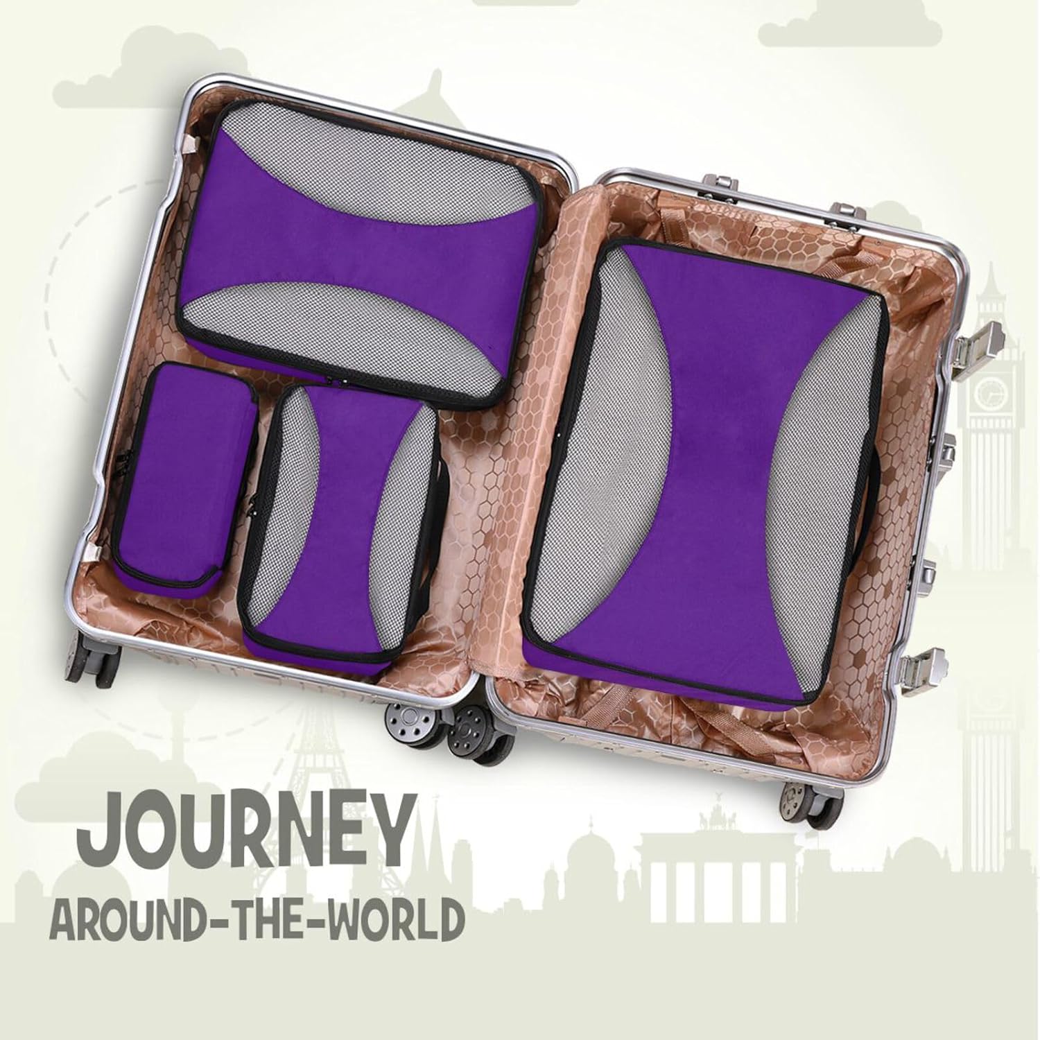 Indigo Solid Color Pure Plain Purple 4 Pcs set organizer for travel Mesh Travel Essentials expandable cubes for packing