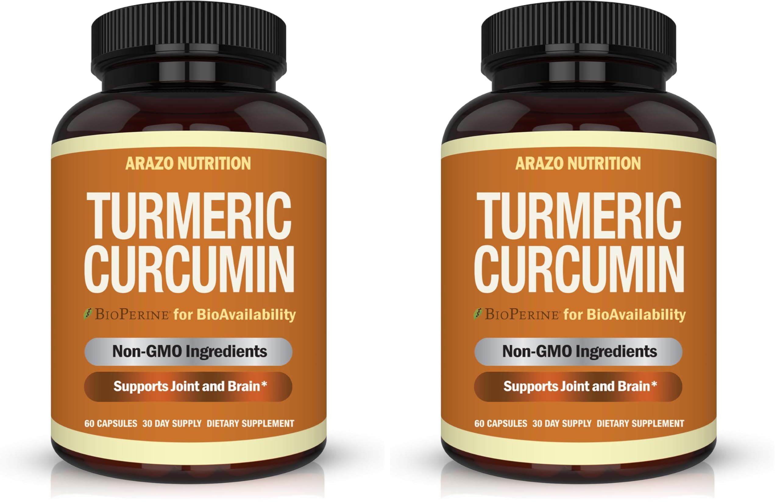 Arazo Nutrition Turmeric Curcumin with BioPerine 1300mg with Black Pepper - Joint Support Nutritional Supplements - 100% Herbal Tumeric Root Capsules (Pack of 2) 60 Count (Pack of 2)